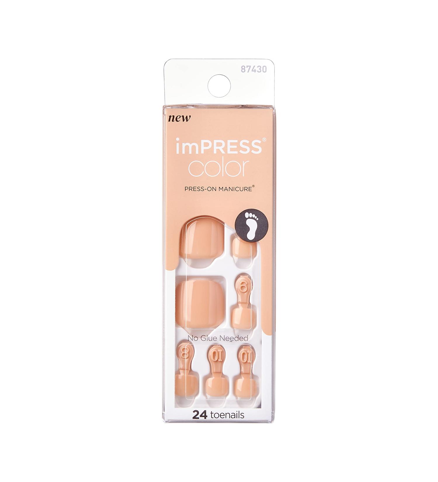 imPRESS Color Press-On Pedicure Fake Toenails Kit - Sweet Love Style, Dark Tan Square Shaped Nails with Prep Pad, Mini Nail File, Cuticle Stick - 24 Fake Nails - Buy Online on GoSupps.com