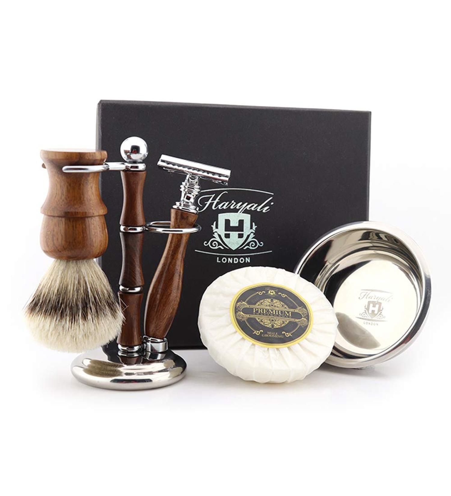Haryali London Men's Shaving Set | Double Edge Safety Razor Badger Brush Soap & Bowl - 5 Piece Luxury Kit - Buy Online on GoSupps.com