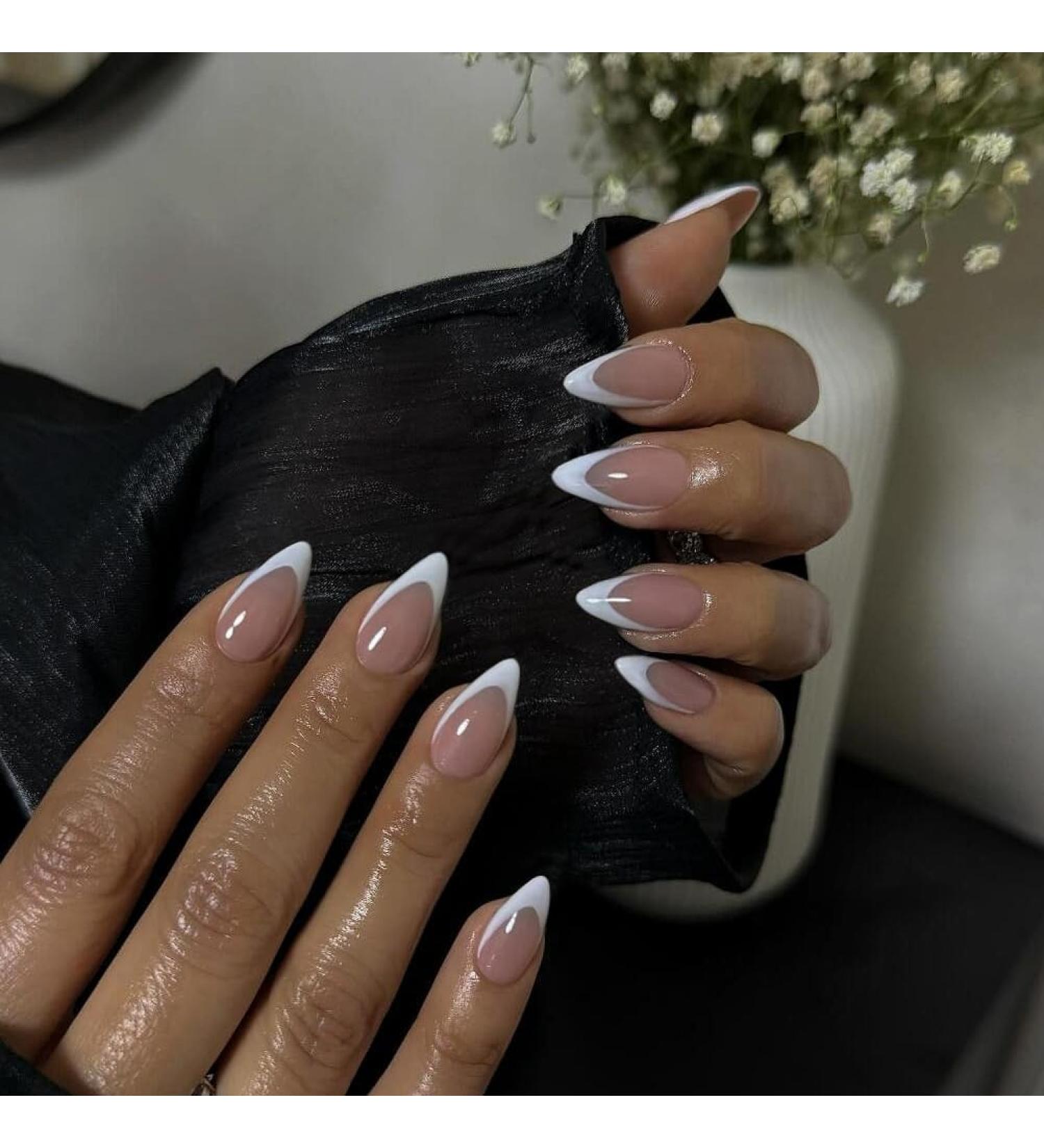 KQueenest 30 Pcs White French Tip Press-On Nails - Short Almond Acrylic & Nude Pink Gel Nails for Women - Classic DIY Manicure - Buy Online on GoSupps.com