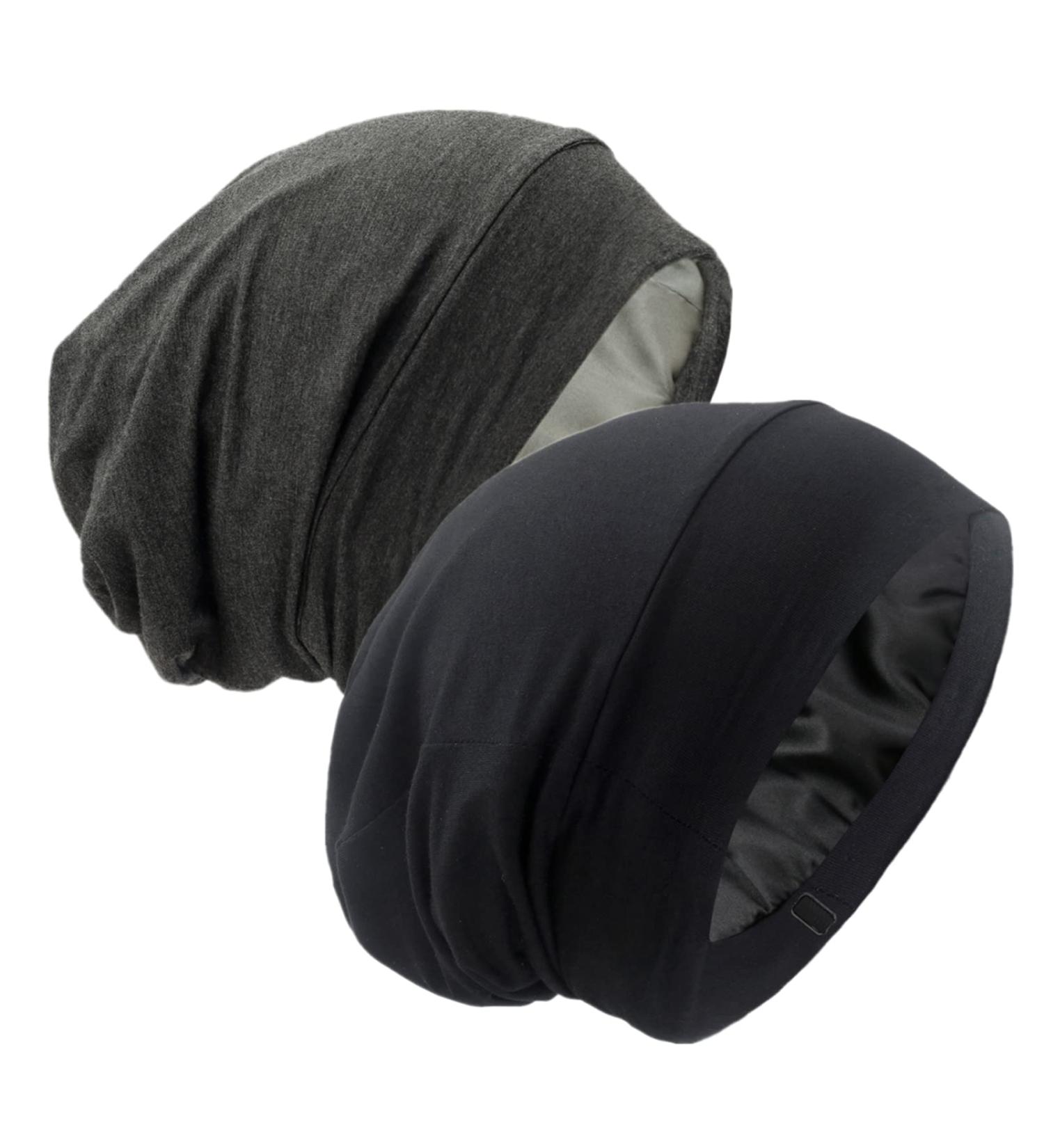 Satin Lined Sleep Cap - Adjustable Hair Protection Beanie for Curly & Frizzy Hair - Black & Dark Grey - Buy Online on GoSupps.com