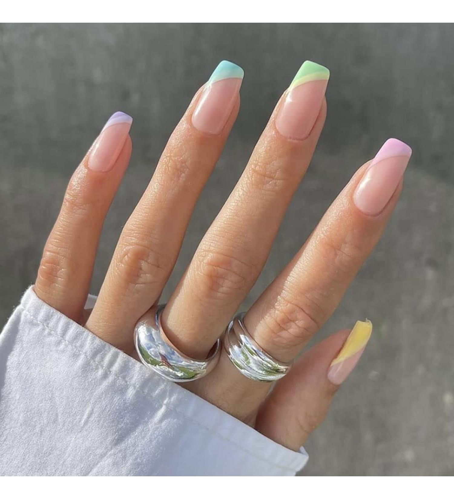 Sethexy French Short Square False Nails Collection - 24Pcs Glossy Rainbow Side French Press On Nails - Buy Online on GoSupps.com