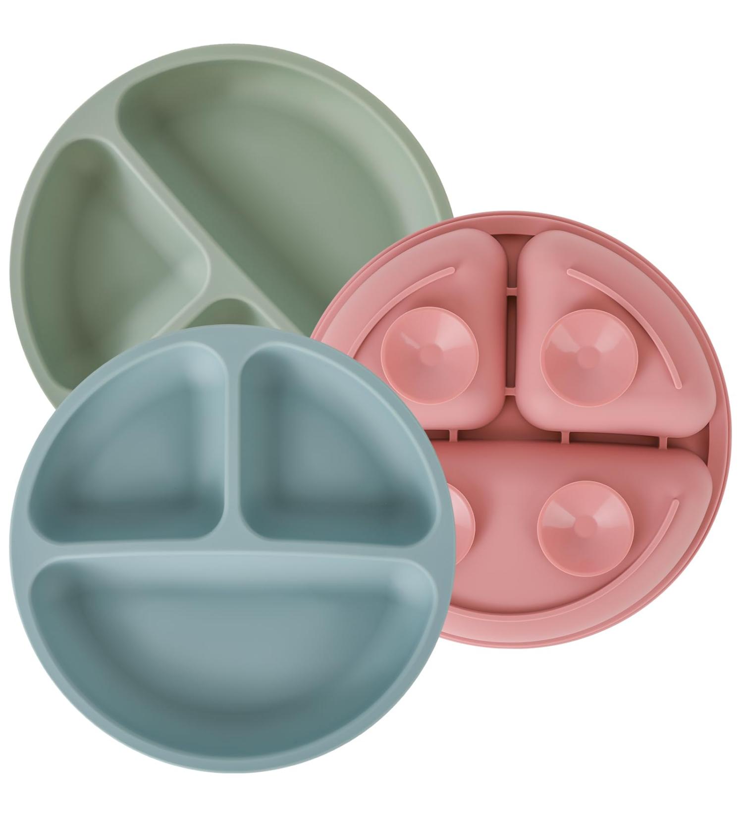 Hanmir 3 Pack Suction Cup Baby Plates - BPA Free Silicone Children's Dinnerware in Olive Green Brick Red & Gray Blue | Safe & Fun Feeding Solution for Kids - Buy Online on GoSupps.com