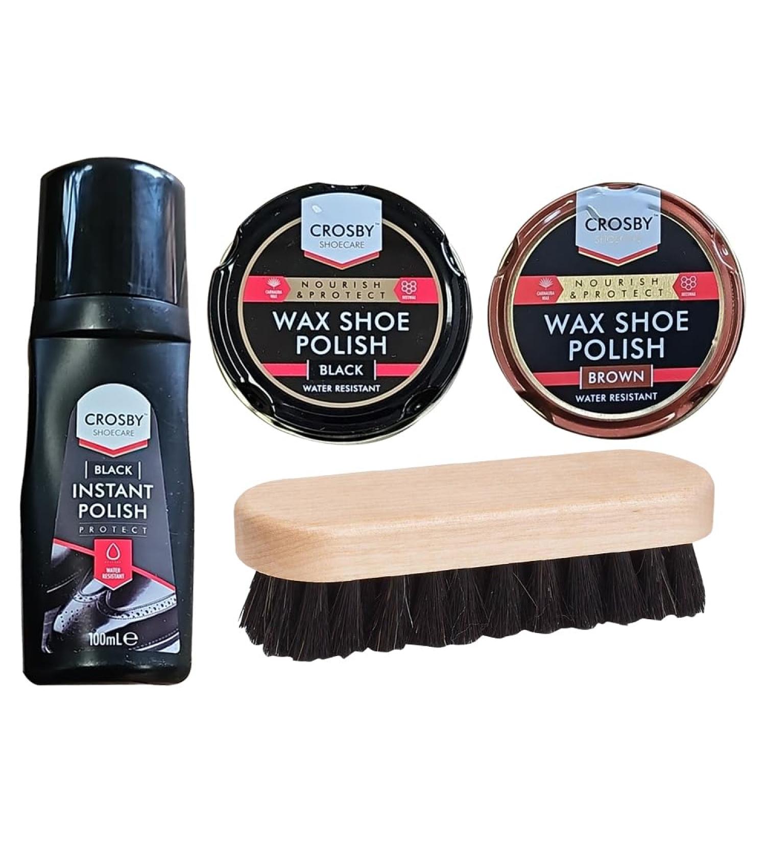 Shoe Polish Set - Black & Brown Wax, Instant Shine & Cleaning Brushes - 150ML - Water Resistant & Smooth Polish for Leather Shoes - Buy Online on GoSupps.com