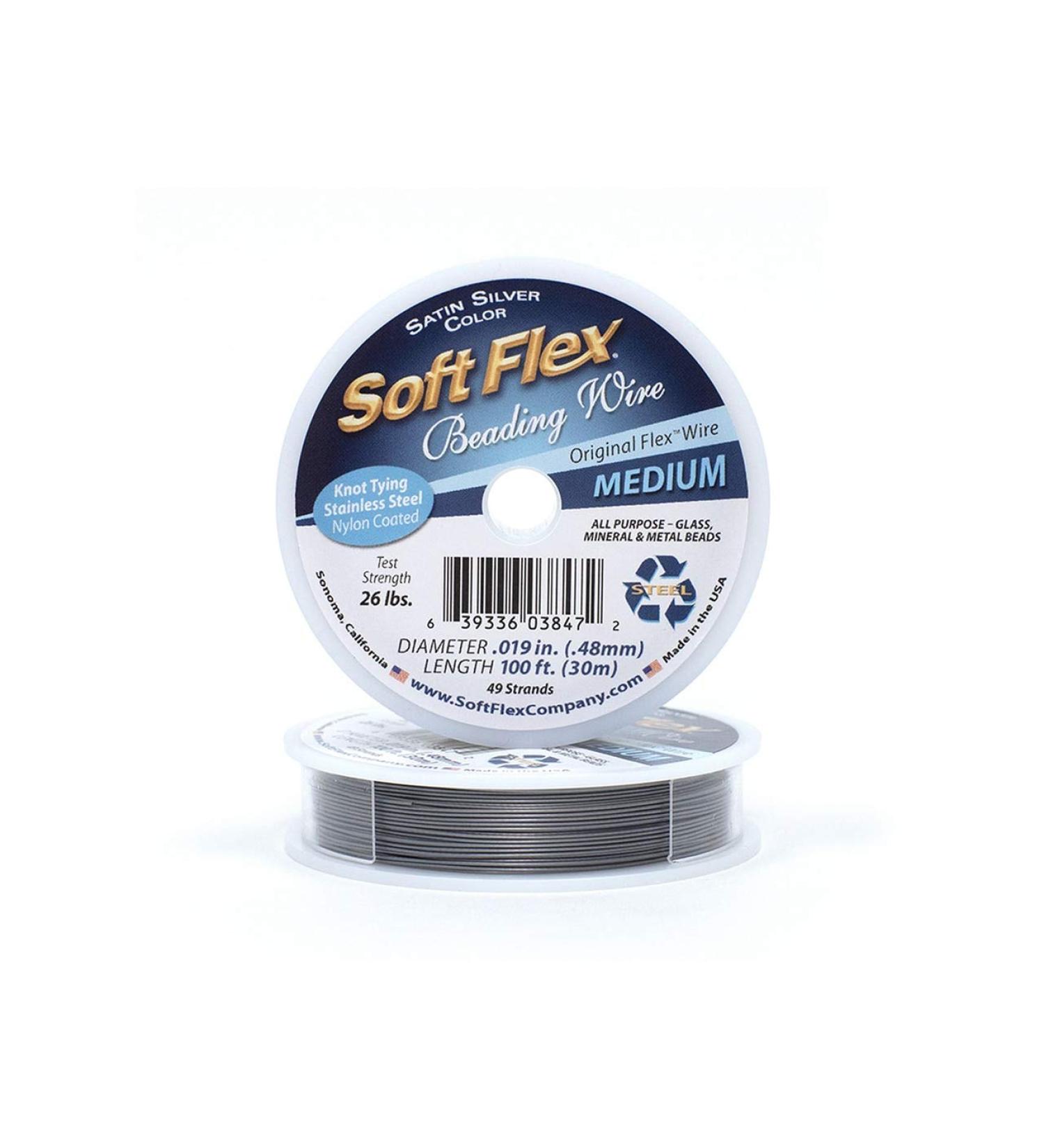 Soft Flex Kink Resistant Knot Tying Hypoallergenic Jewelry Making Wire, 49 Strand Braided Stainless Steel Beading Wire .019 Medium Diameter 100 ft Satin Silver Nylon Color Coating 100 Feet Satin Silver