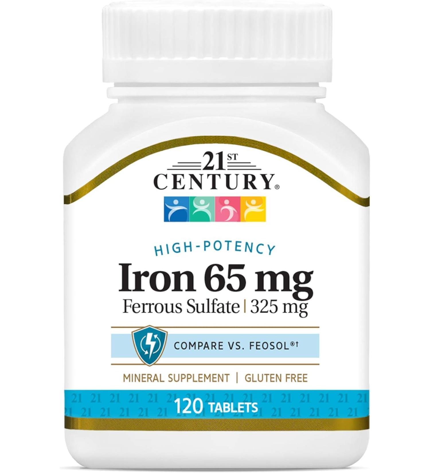 21st Century Iron 65 mg with Ferrous Sulfate 325 mg - 120 Tablets Pack of 3 - Buy Online on GoSupps.com