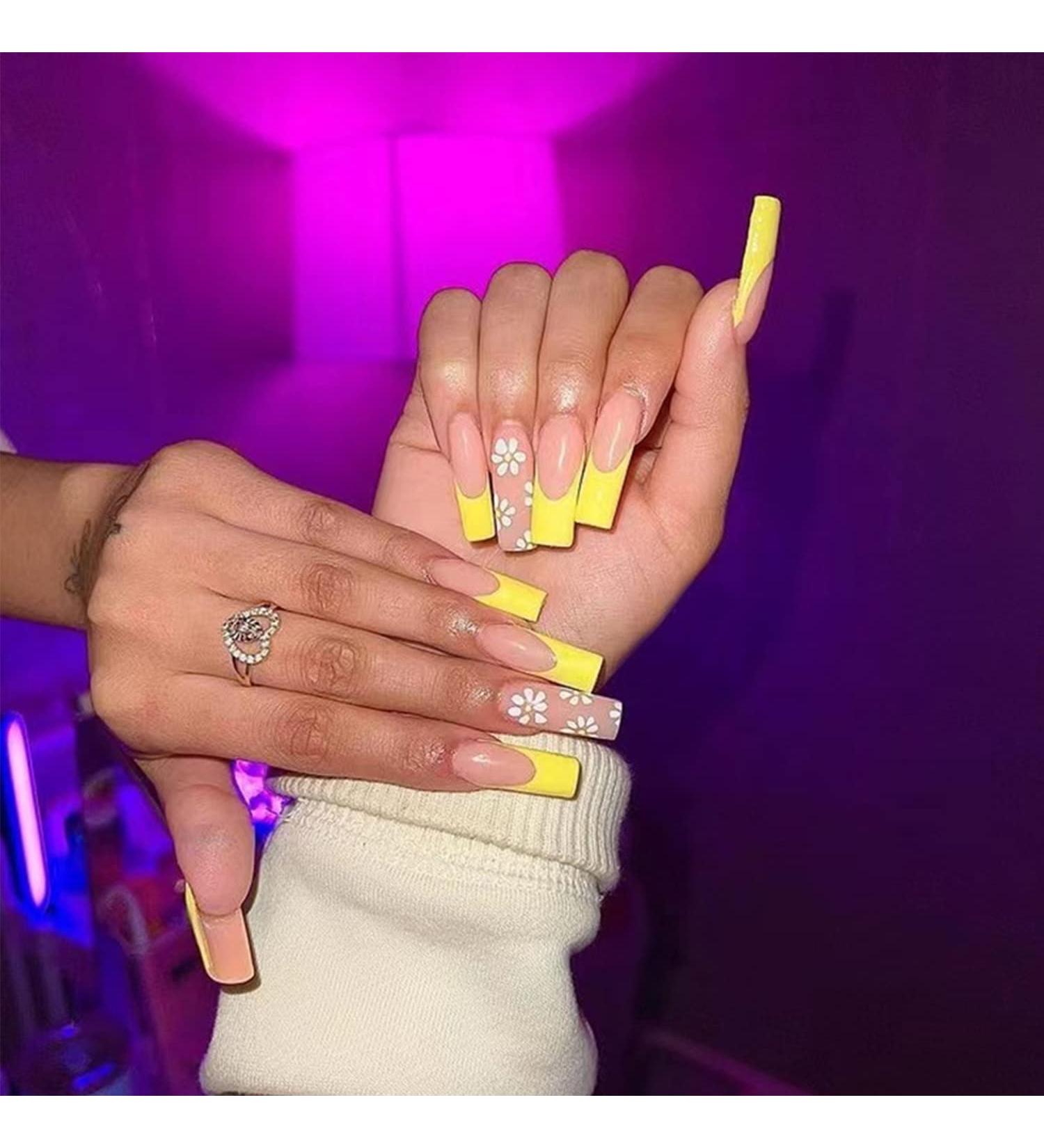Luvadeyo 24 PCs Yellow White Flower Press-On Nails | Long Summer Ballerina Fake Nails with Glue for Women - Buy Online on GoSupps.com