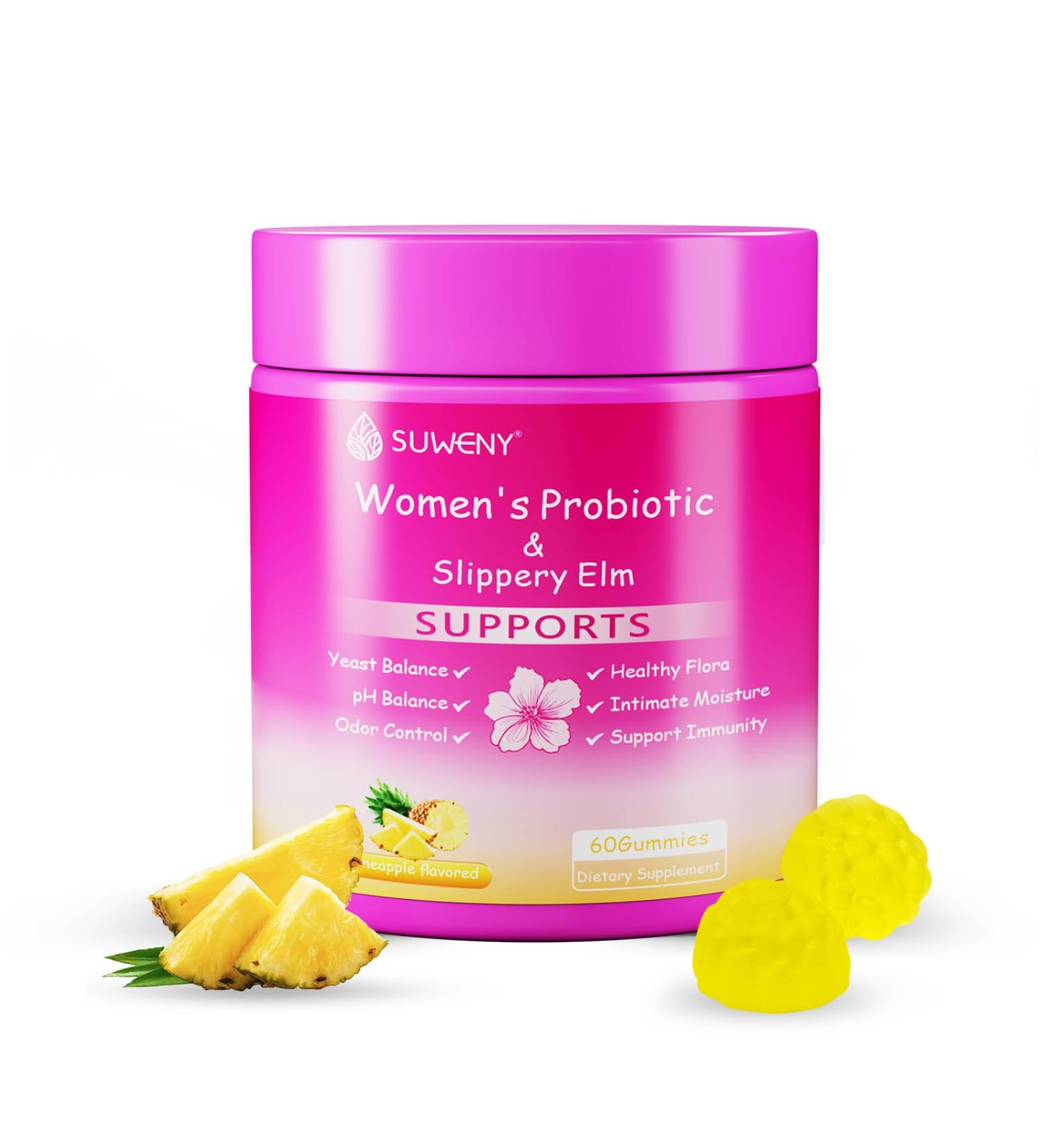 SUWENY Her Juicy Feminine Probiotics Gummies Women's Health - Supports ph Balance with Slippery Elm Prebiotics & Lactobacillus Blend Immune System Pineapple Flavor-60 Gummies - Buy Online on GoSupps.com