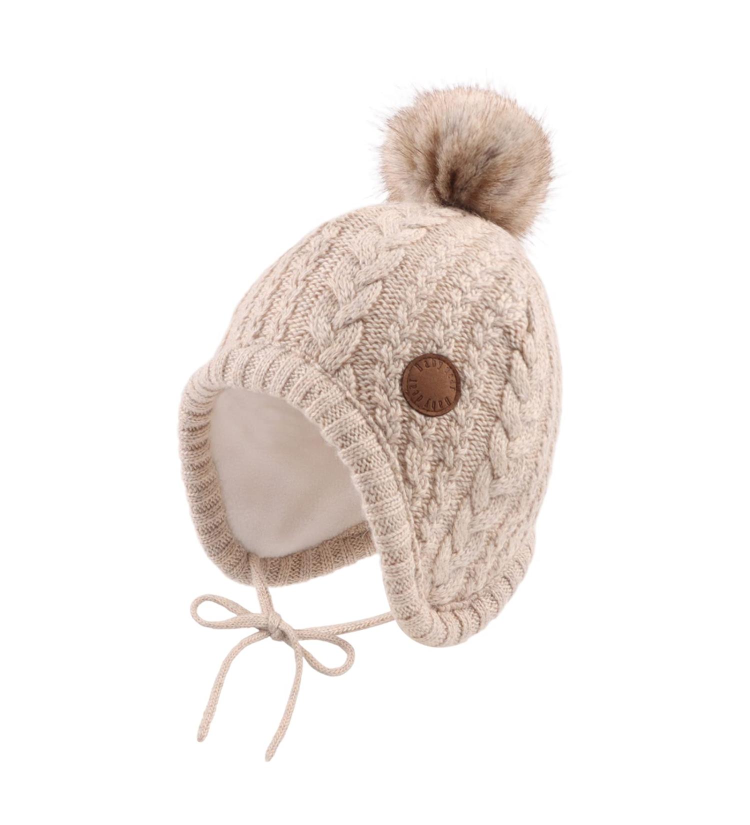 XIAOHAWANG Winter Baby Hat with Velvet Lining and Pompom | Toddler Kids Beanie for Girls and Boys 6-18 Months - Beige - Buy Online on GoSupps.com