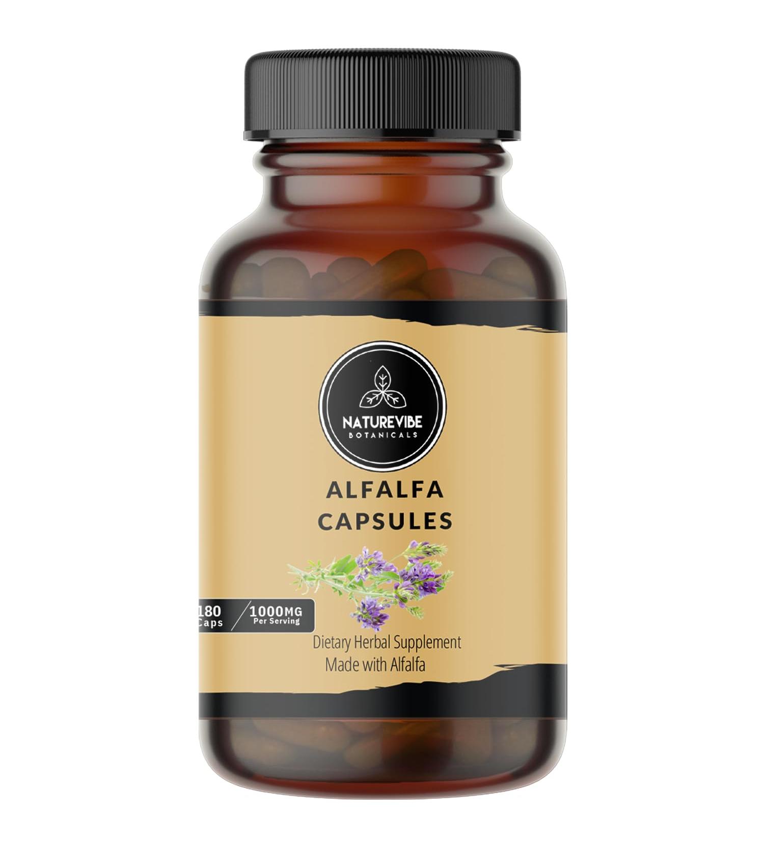 Naturevibe Botanicals Alfalfa Capsules - 180 Veg Capsules | 1000mg/Serving | Pure Herb Powder - Buy Online on GoSupps.com