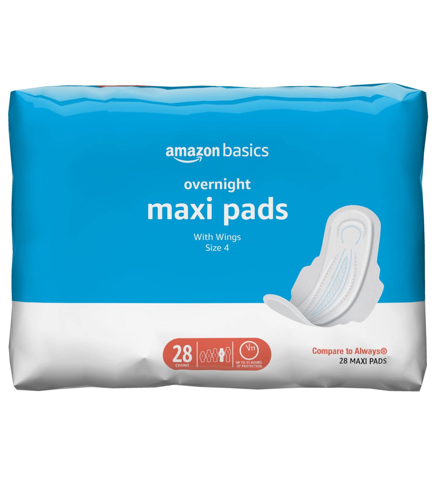 Amazon Basics Maxi Pads with Flexi-Wings | Overnight Absorbency, Unscented | Size 4, 28 Count | 1 Pack | Previously Solimo - Buy Online on GoSupps.com