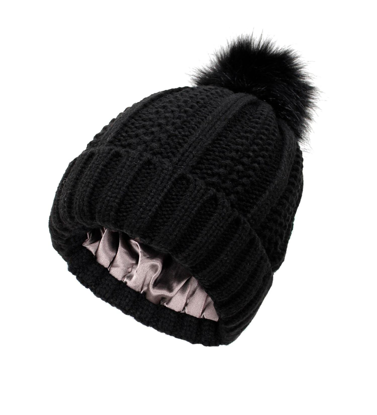 Women's Winter Beanie Hat - Thermal Knitted Warm Earflap Cap with Hairball Accent - Black - Buy Online on GoSupps.com