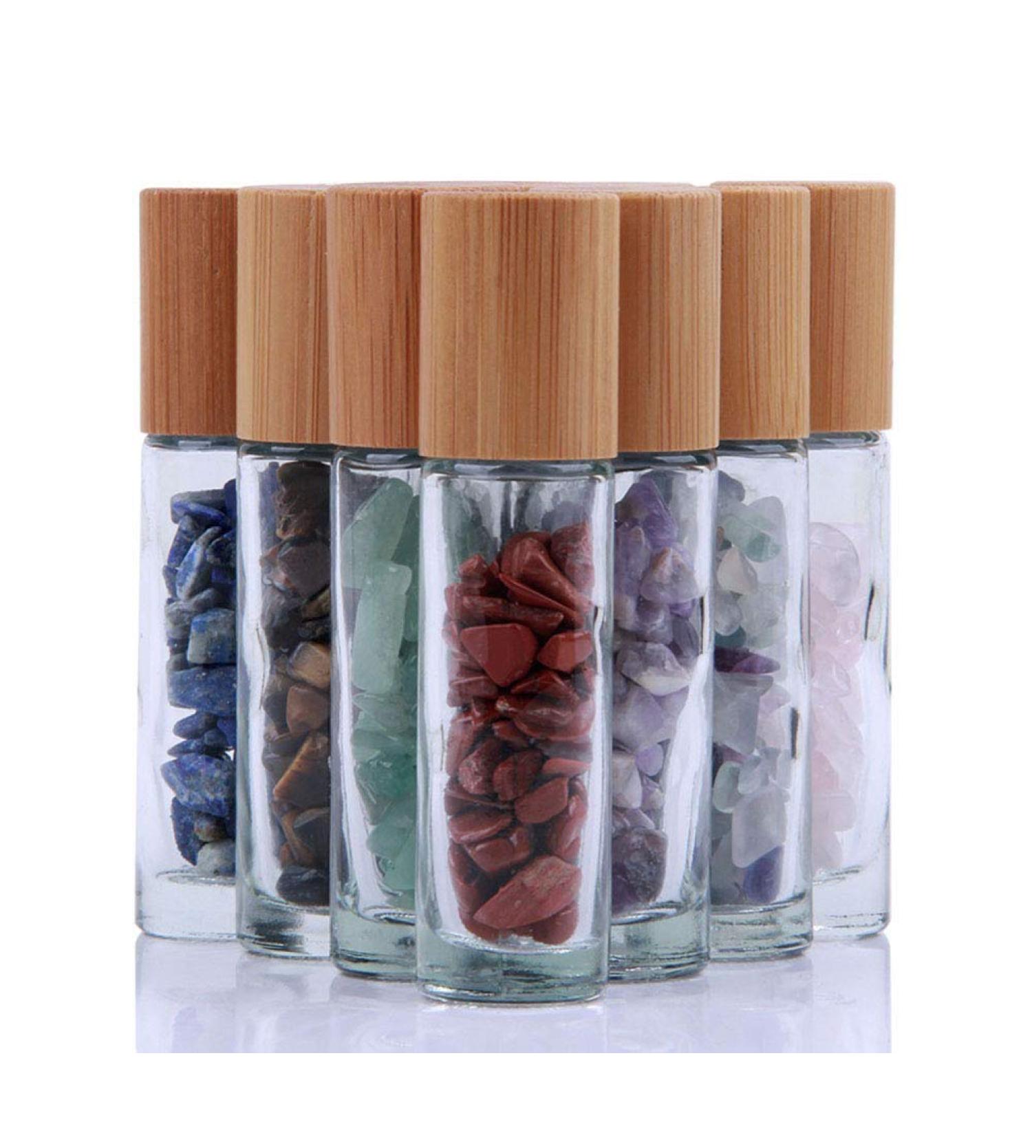 10 Pack 10ml Clear Glass Roller Bottles with Gemstone Roller Balls and Bamboo Lid - Healing Crystal Chips Inside - Buy Online on GoSupps.com