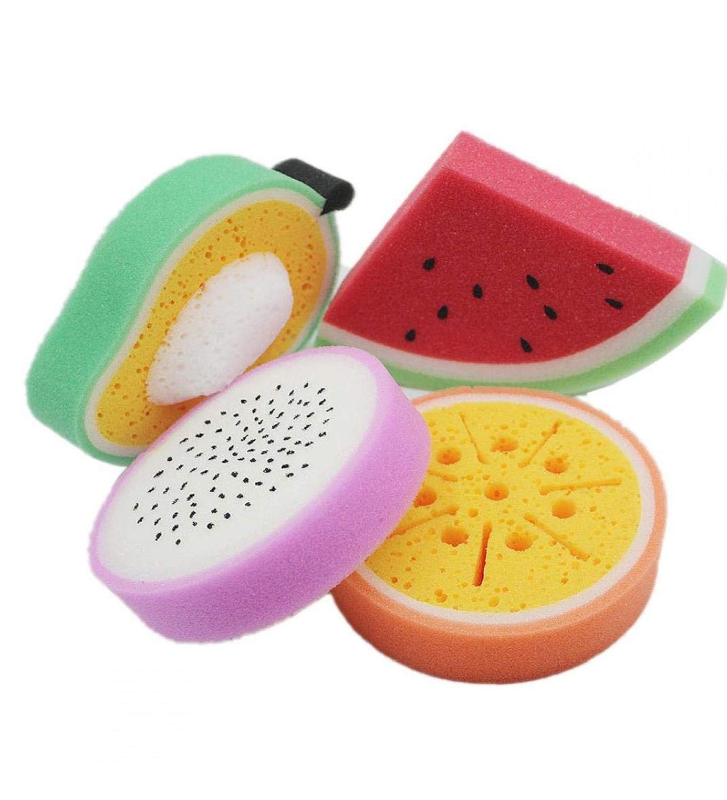 AMOYER 3 Pcs Cartoon Bath Sponge Set | Fruit Shape Cleaning Sponges for Kids & Adults | Fun Bathroom Accessories - Buy Online on GoSupps.com