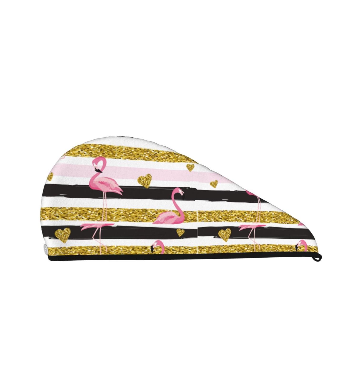 Gold Glitter Hearts & Flamingos Microfiber Hair Towel | Super Absorbent Quick Dry Hair Wrap for Women - Soft Coral Velvet for Long Curly & Thick Hair - Buy Online on GoSupps.com