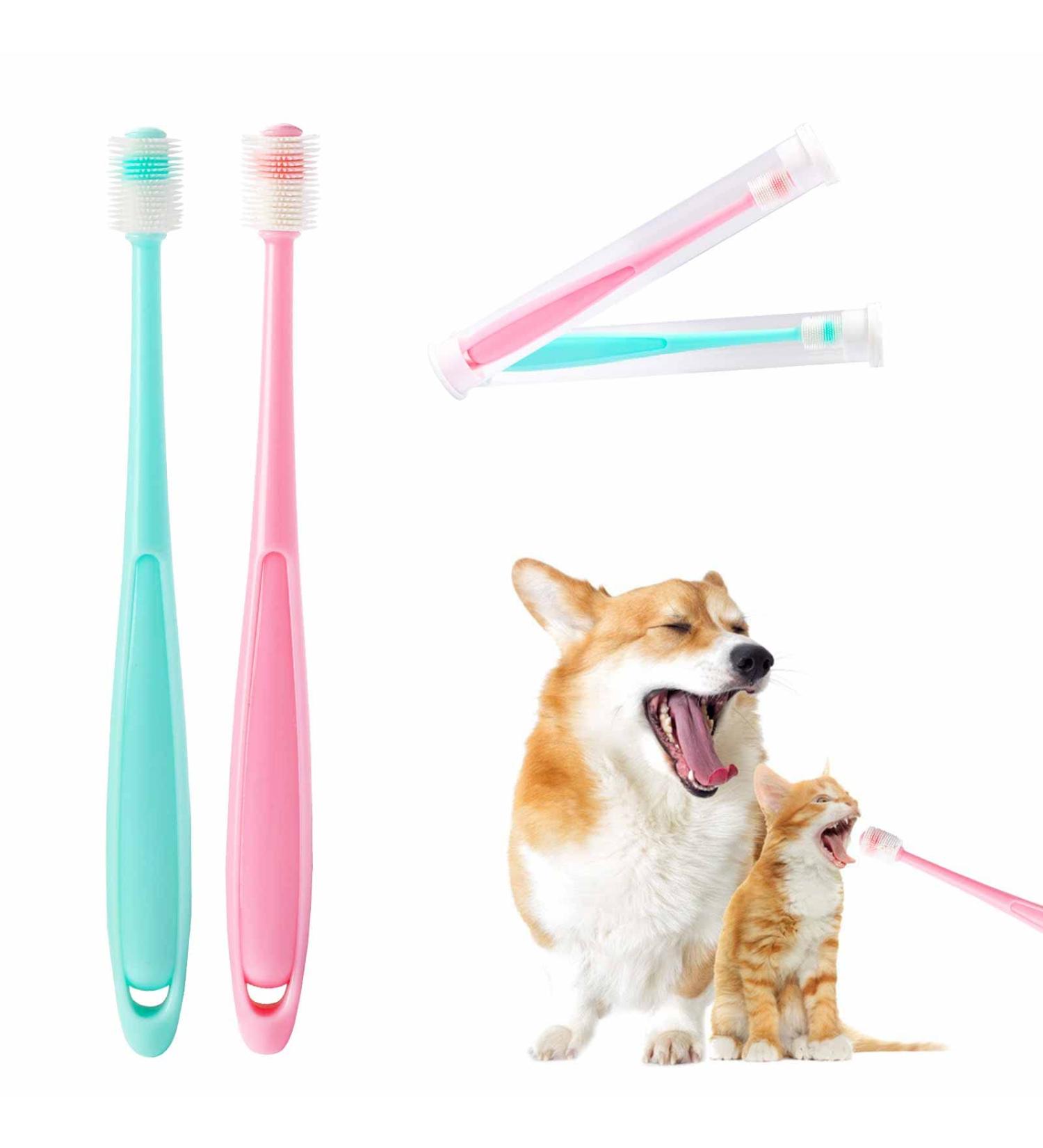 2-Piece Dog & Cat Toothbrush Set | 360 Soft Silicone Pet Dental Care for Deep Cleaning - Pink/Green - Buy Online on GoSupps.com