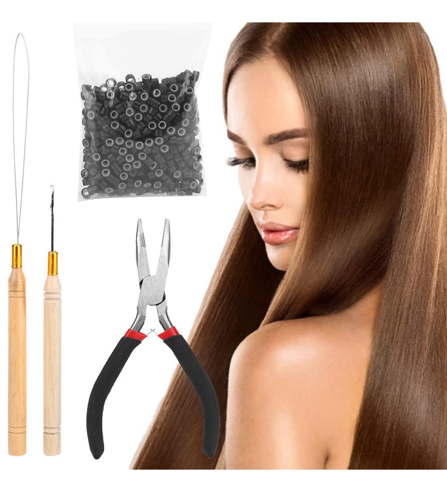 4Pcs Hair Extension Kit with Pulling Needle Hook and Wig Pliers + 500 Micro Rings (Black) - Best Quality International Shipping - Buy Online on GoSupps.com