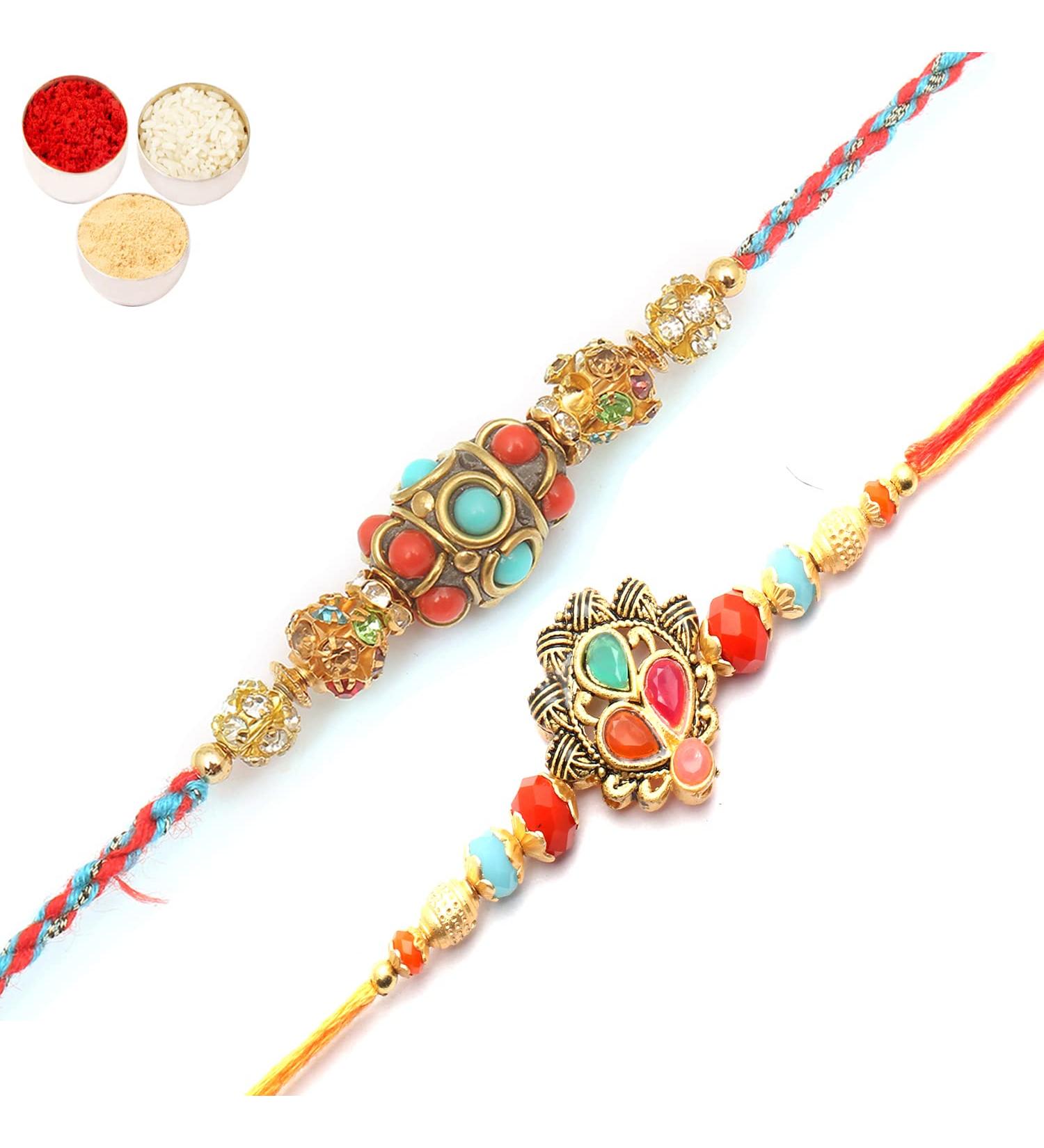 Ghasitaram Gifts Rakhi for Brother Rakhis Online - Set of 2 Beautiful Colours and Blue Ethnic Premium Rakhis - Buy Online on GoSupps.com