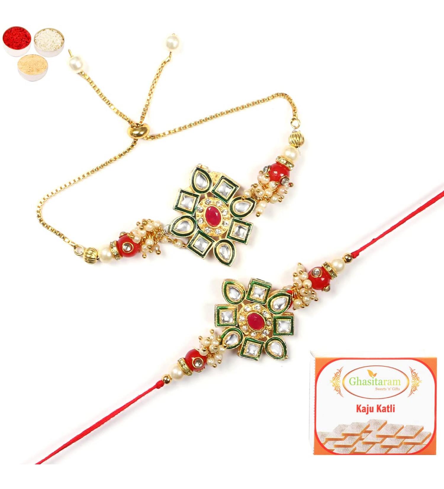 Ghasitaram Gifts Rakhis Online - Rakhi for Brother-RT-Stone Pair Bhaiya Bhabhi Rakhi with 400 GMS of Kaju katli Rakhi Set with 400 gms of Kaju katli - Buy Online on GoSupps.com
