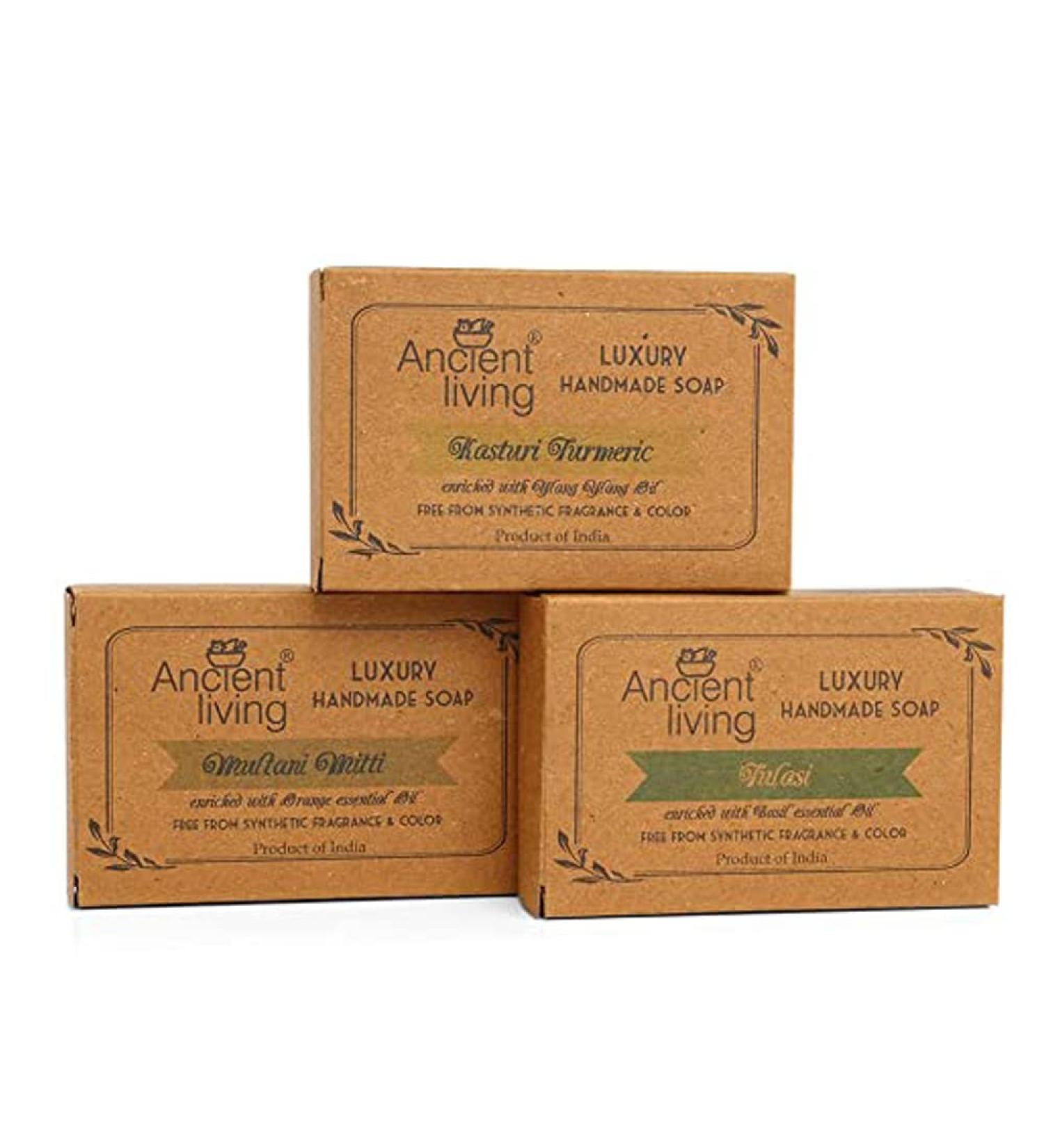 BlueQueen Natural Daily Bath needs (Handmade soaps) - 100 gm each Kasturi Turmeric Soap for Radiance Multani Mitti Soap for Anti Aging Tulasi Soap for Cleansing