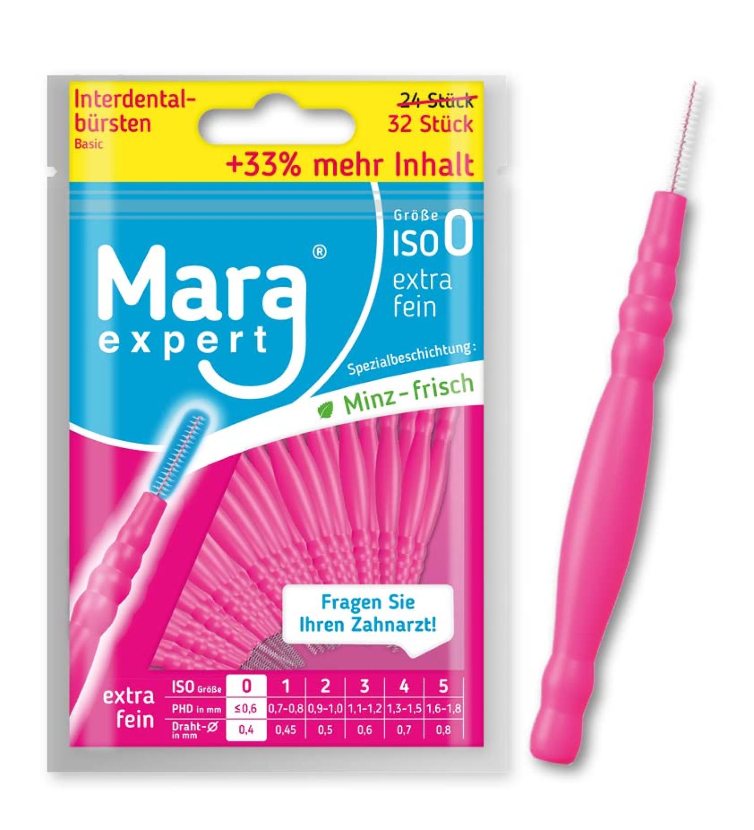 Interdental brushes - brushes for interdental spaces by Mara Expert |0.4mm ISO 0 extra fine |32x interdental brush pink |Ideal interdental brush |Mint taste |Ask your dentist 32 pieces (1 Pack)