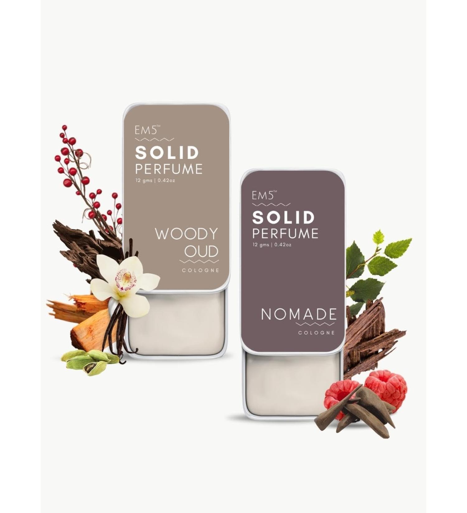 EM5 Combo Pack of Alcohol Free Solid Perfumes | Woody Oud & Nomade for Men & Women | Non-Greasy Cologne | Strong & Lasting Fragrance | Gifting Pack for Him & Her - Buy Online on GoSupps.com