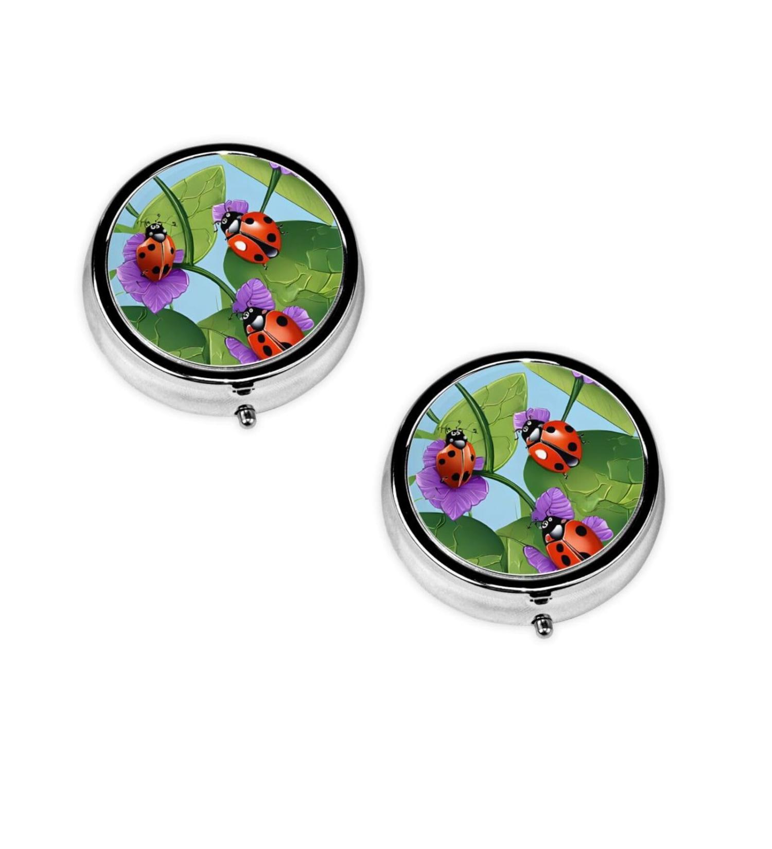 Ladybug Printed Mini Round Pill Box | 3 Compartment Travel Pill Organizer | Portable Medicine Case for Home & Office - Buy Online on GoSupps.com