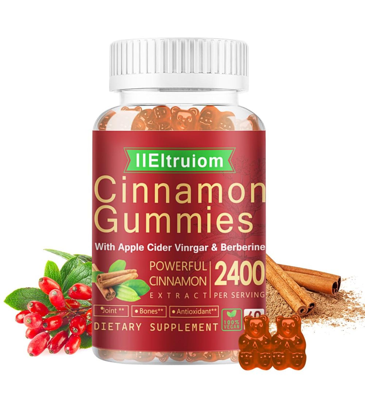 IIEltruiom Cinnamon Supplements, Cinnamon Gummies 2400mg with Berberine, Turmeric, Apple Cider Vinegar, Bitter Melon, Chromium - Vegan, Non-GMO 60 Counts - Buy Online on GoSupps.com