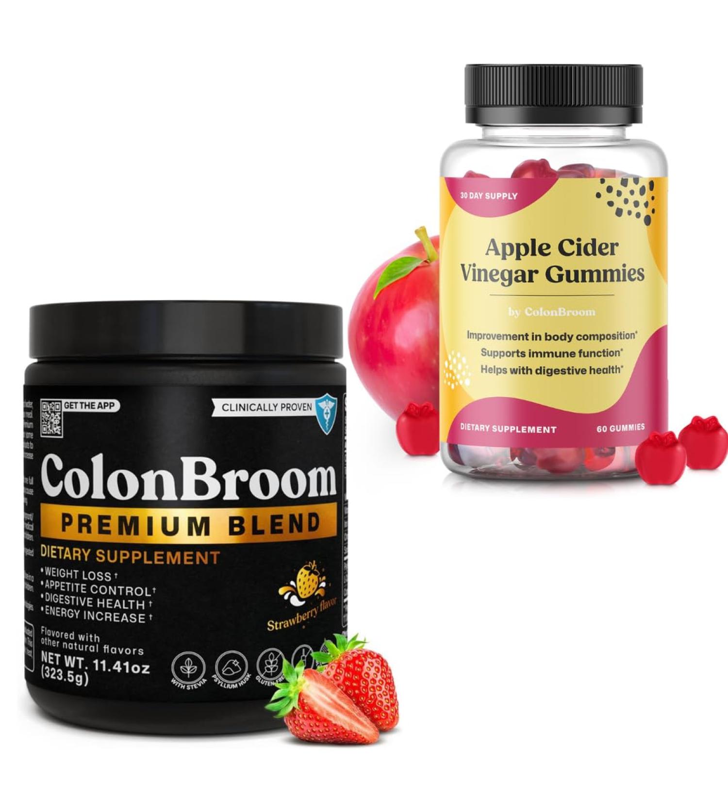 ColonBroom Premium Powder Supplement (Strawberry 50 Servings) + Apple Cider Vinegar Gummies for Women Supports Body Composition Boost Metabolism & Improves Digestive Wellness (60 Count) - Buy Online on GoSupps.com