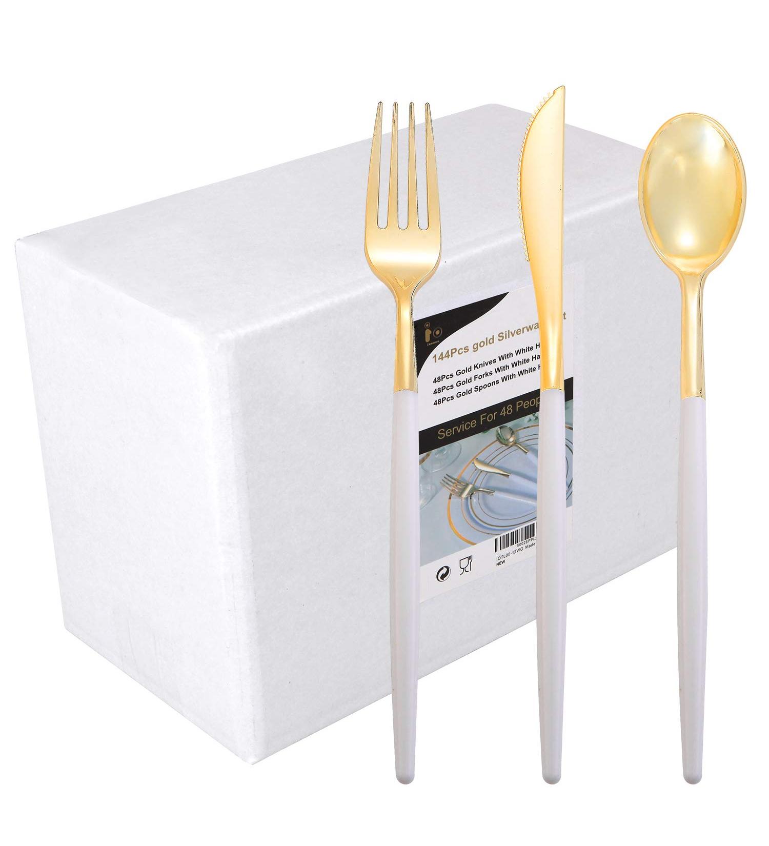 144 PCS Disposable Gold Silverware with White Handle - 48 Forks, 48 Knives, 48 Spoons - Buy Online on GoSupps.com