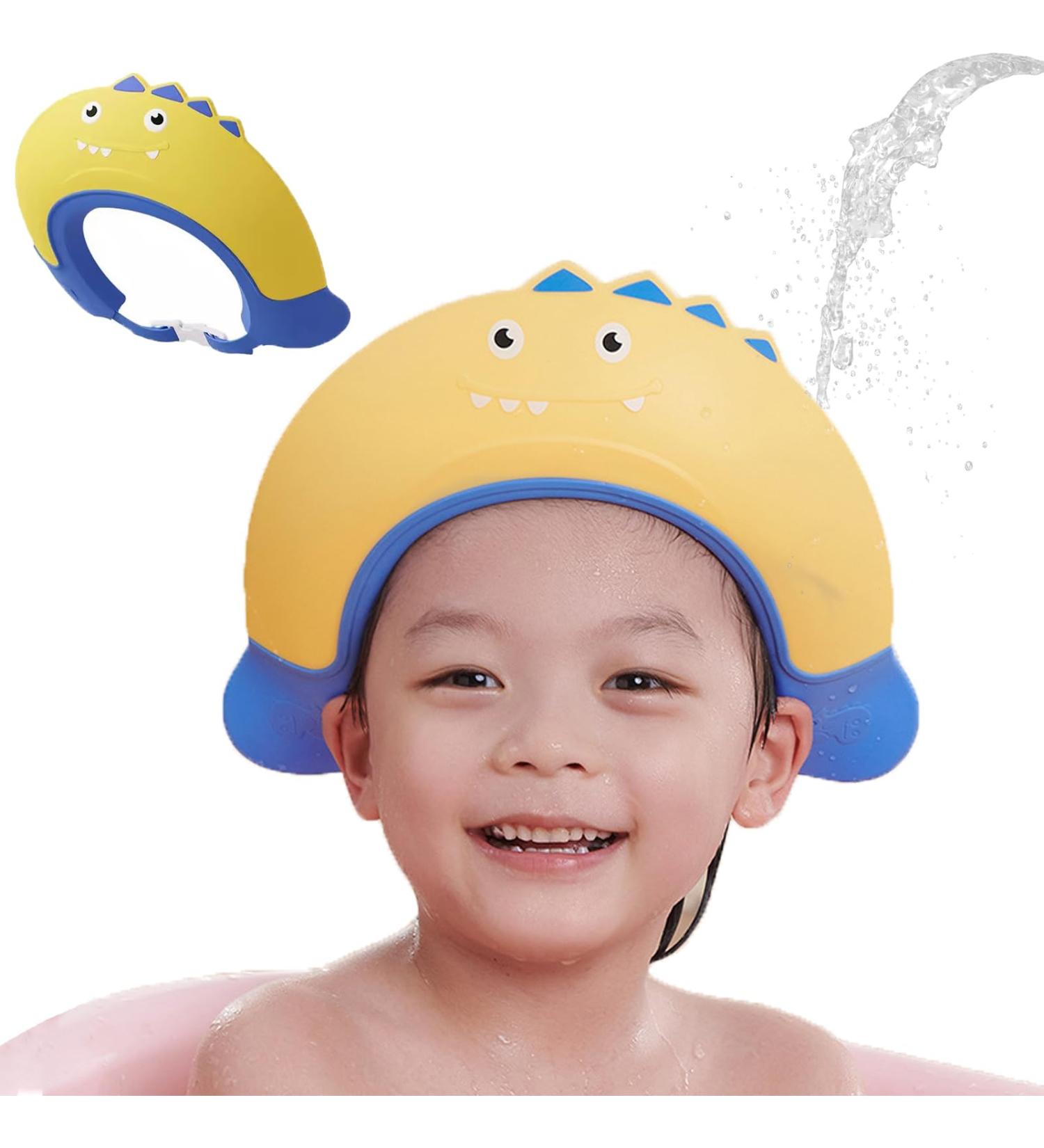 Kids Shower Cap: KAMHBE Baby Shower Cap Shield - Adjustable Crown Hair Washing Shampoo Shield for Eyes, Ears, and Face - Yellow Monster Design - Buy Online on GoSupps.com