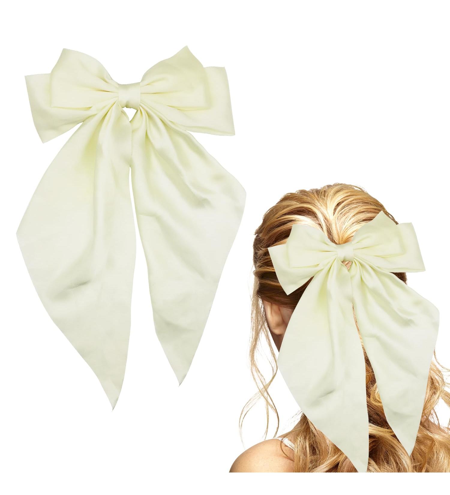 Big Bow Hair Clips Solid Color Large Bowknot Hairpin French Hair Clips with Long Ribbon Tail Hair Barrette Soft Satin Silky Hair Bows Accessories for Women Girls Dress Up 90's Accessories A7DMHDJFJ white - Buy Online on GoSupps.com