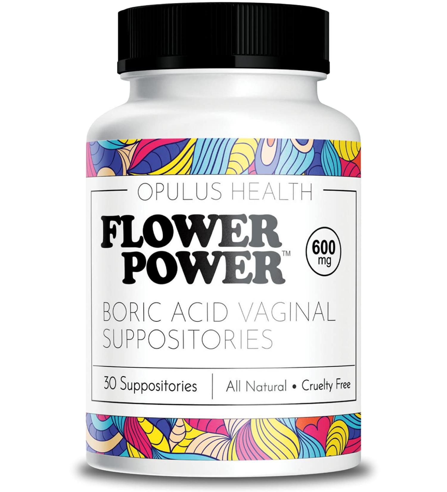 Flower Power Vegan Boric Acid Suppositories - 30 Capsules - 600mg - Vaginal Odor & pH Balance - Made in USA - Buy Online on GoSupps.com