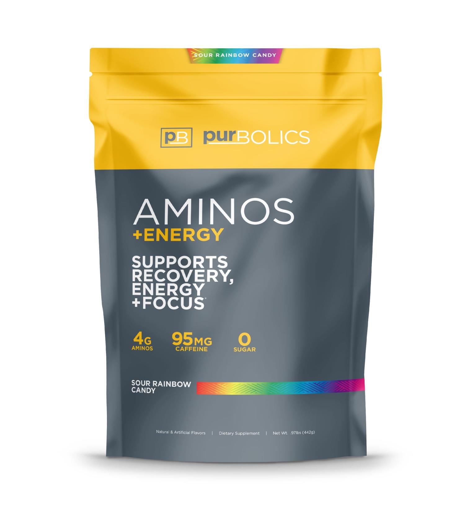 Purbolics Aminos + Energy | Supports Recovery Energy & Focus | 95mg of Caffeine 0 Sugar & 60 Servings (Sour Rainbow Candy) - Buy Online on GoSupps.com