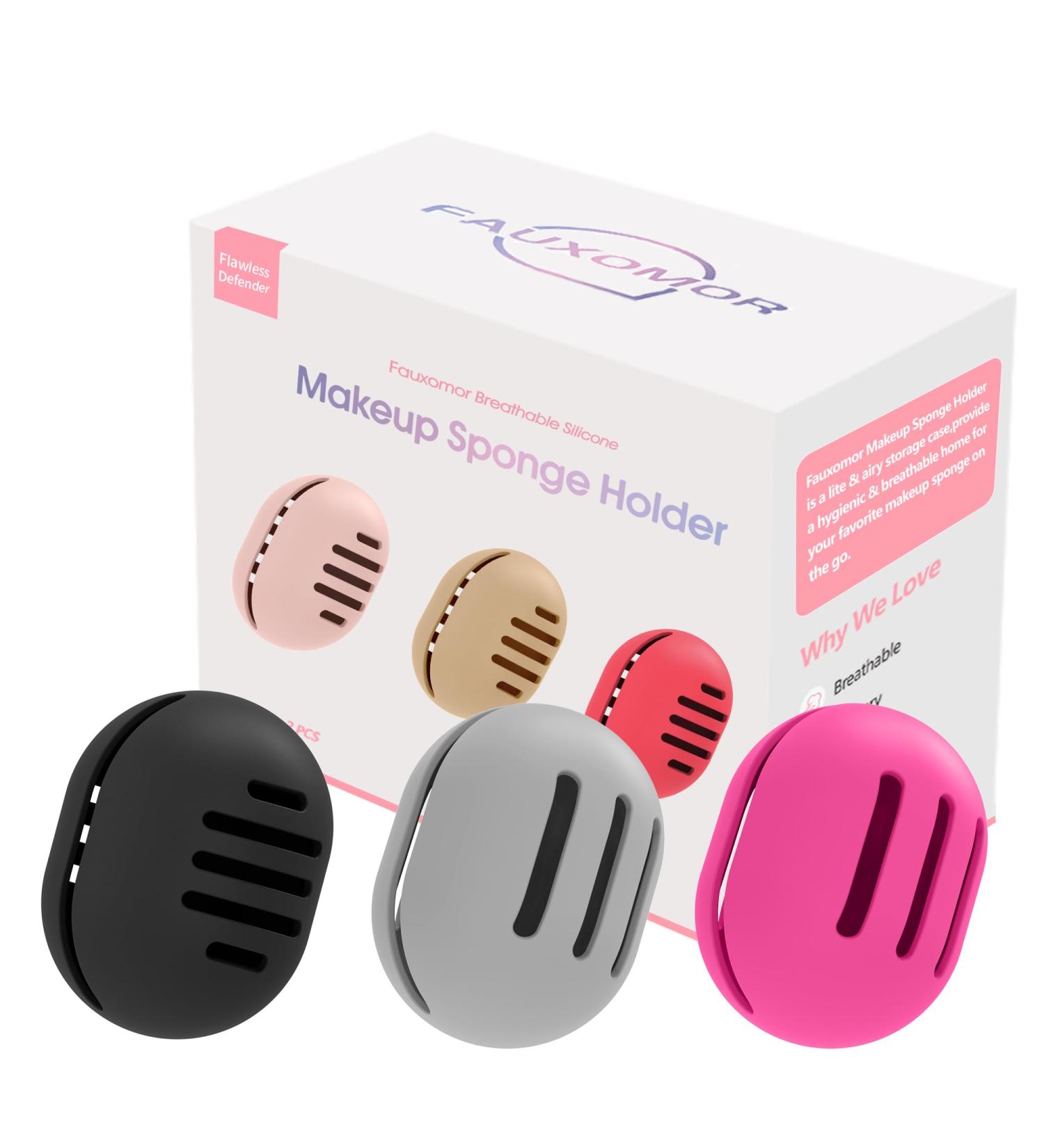 Fauxomor Makeup Sponge Holder - 3 Pack Breathable Silicone Beauty Blender Bags for All Sizes - Portable Gray Rose Red & Black Cosmetic Tool - Buy Online on GoSupps.com