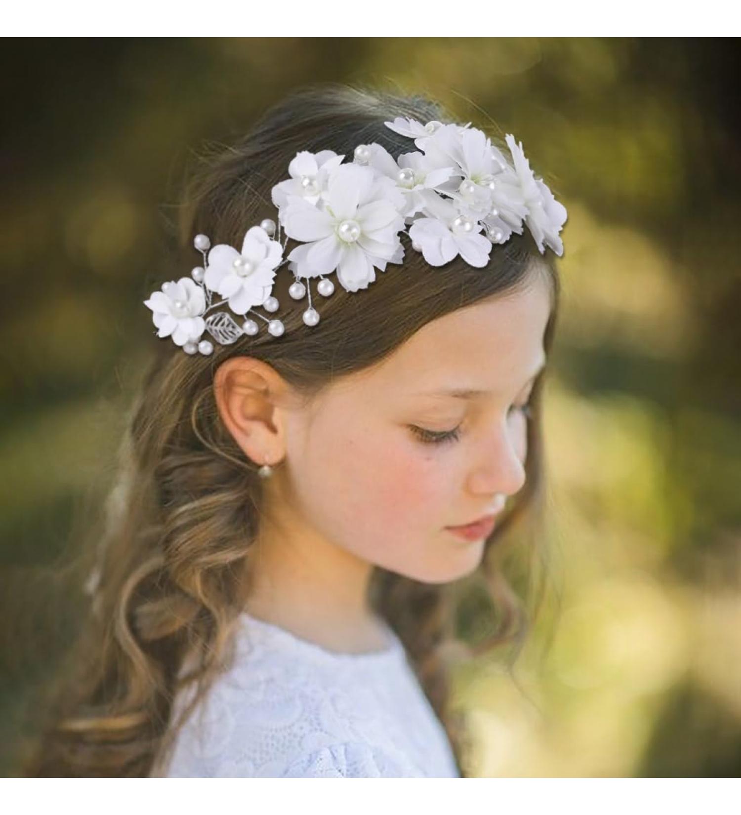 IYOU Floral Wedding Headband Ivory Pearl Headpiece Bridal Holy Communion Hair Accessories for Flower Girls - Buy Online on GoSupps.com