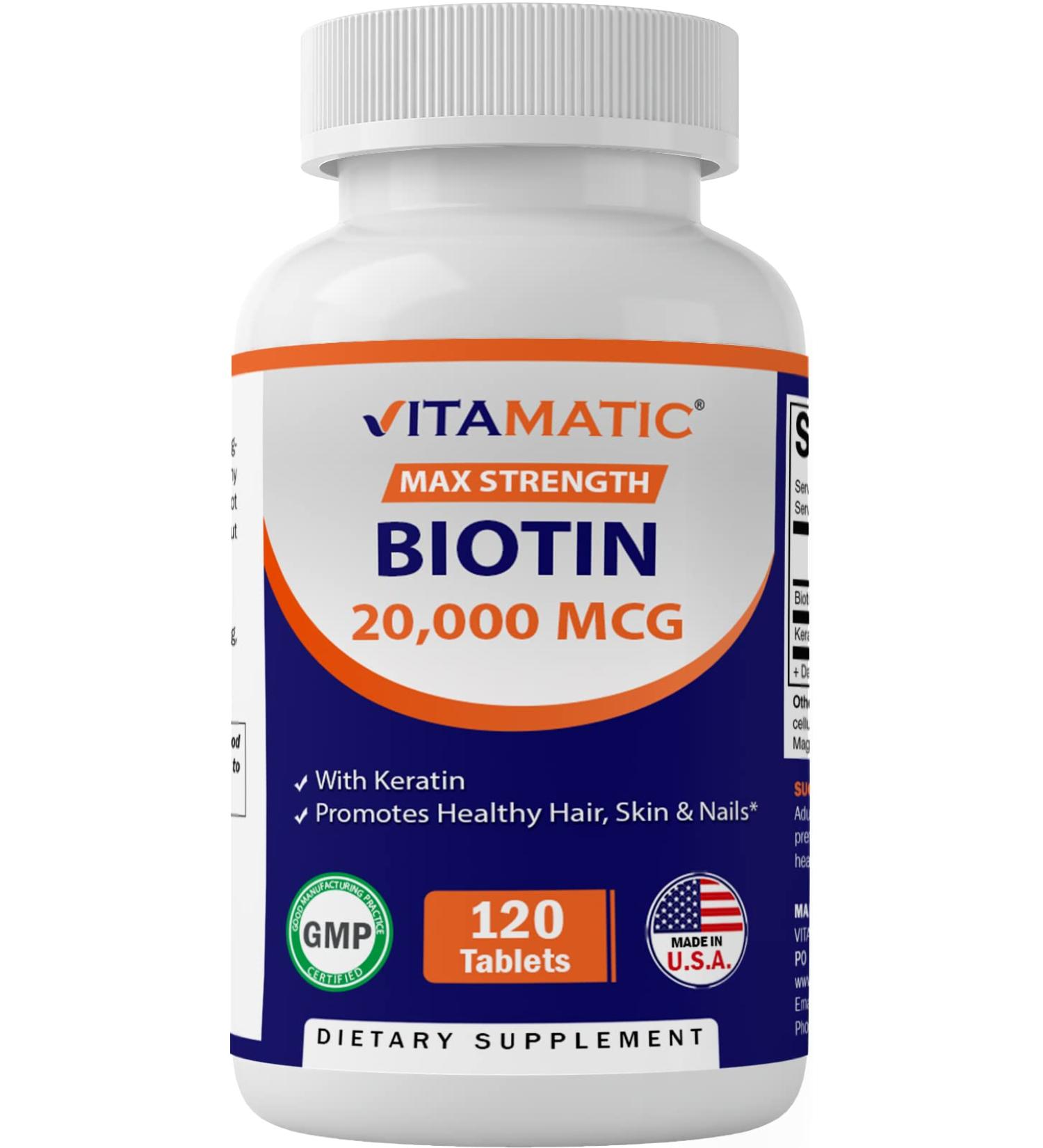 Vitamatic High Potency Biotin 20000 mcg with Keratin - 120 Vegetarian Tablets for Healthy Hair, Skin & Nails - Buy Online on GoSupps.com