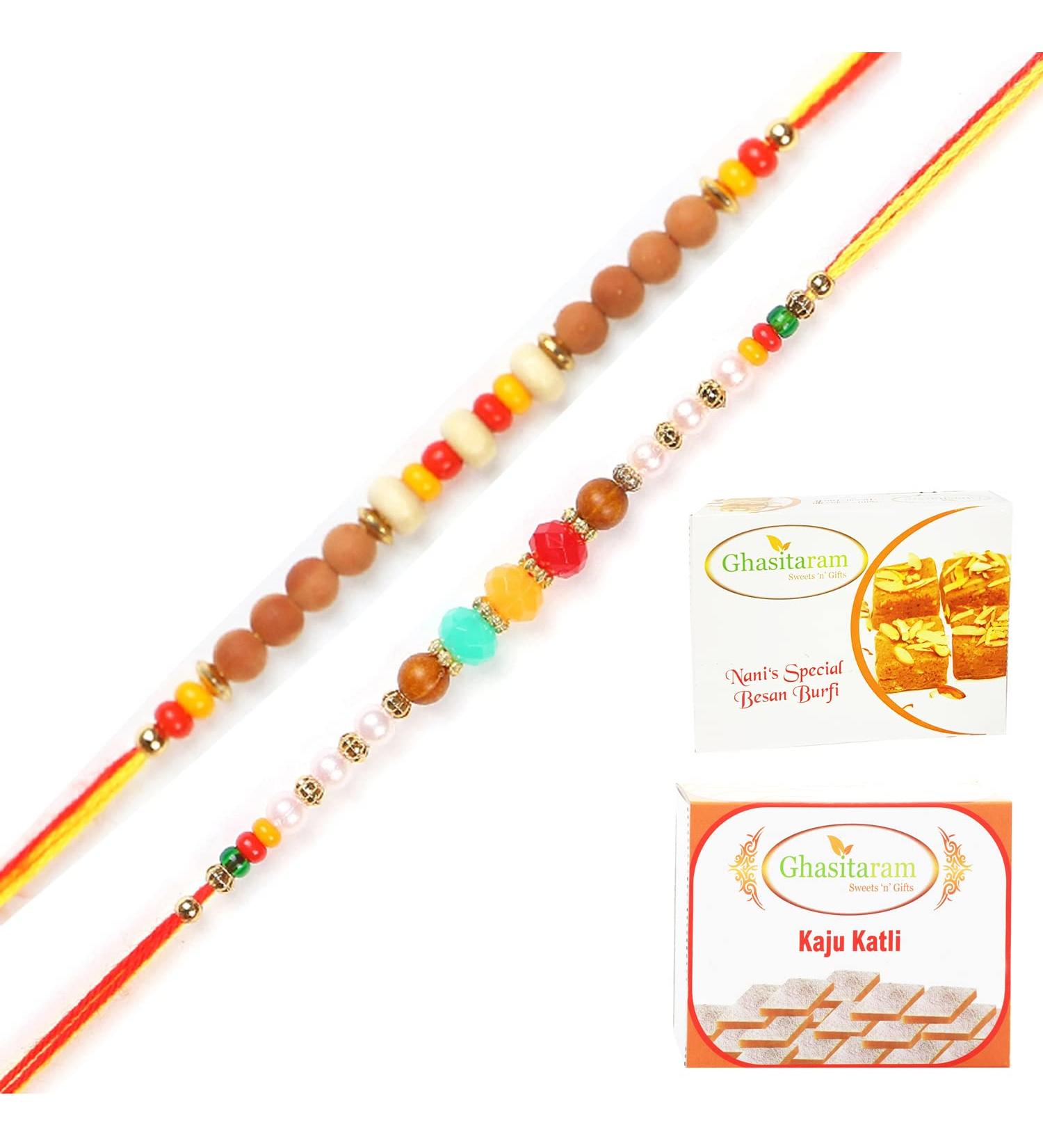 Ghasitaram Gifts Rakhi for Brother Rakhis Online - Set of 2 6045 6082 Rakhi Threads with 200 GMS of Besan Barfi and 200 GMS of Kaju Katli - Buy Online on GoSupps.com
