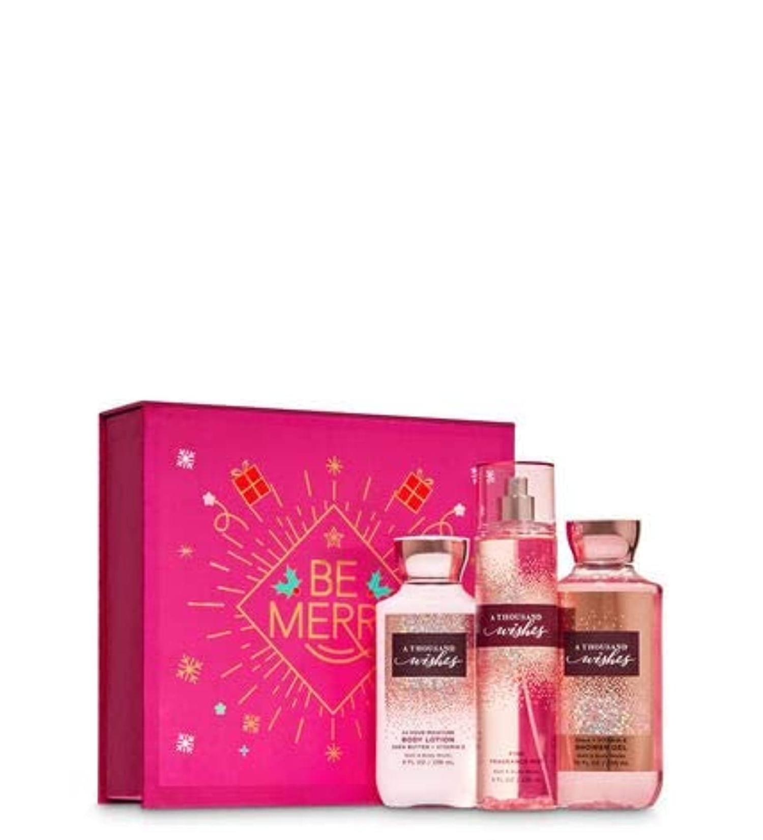 Bath and Body Works A THOUSAND WISHES Gift Box Set - Body Lotion  Fine Fragrance Mist & Shower Gel arranged in an easel-style gift box with a ribbon. Full Size