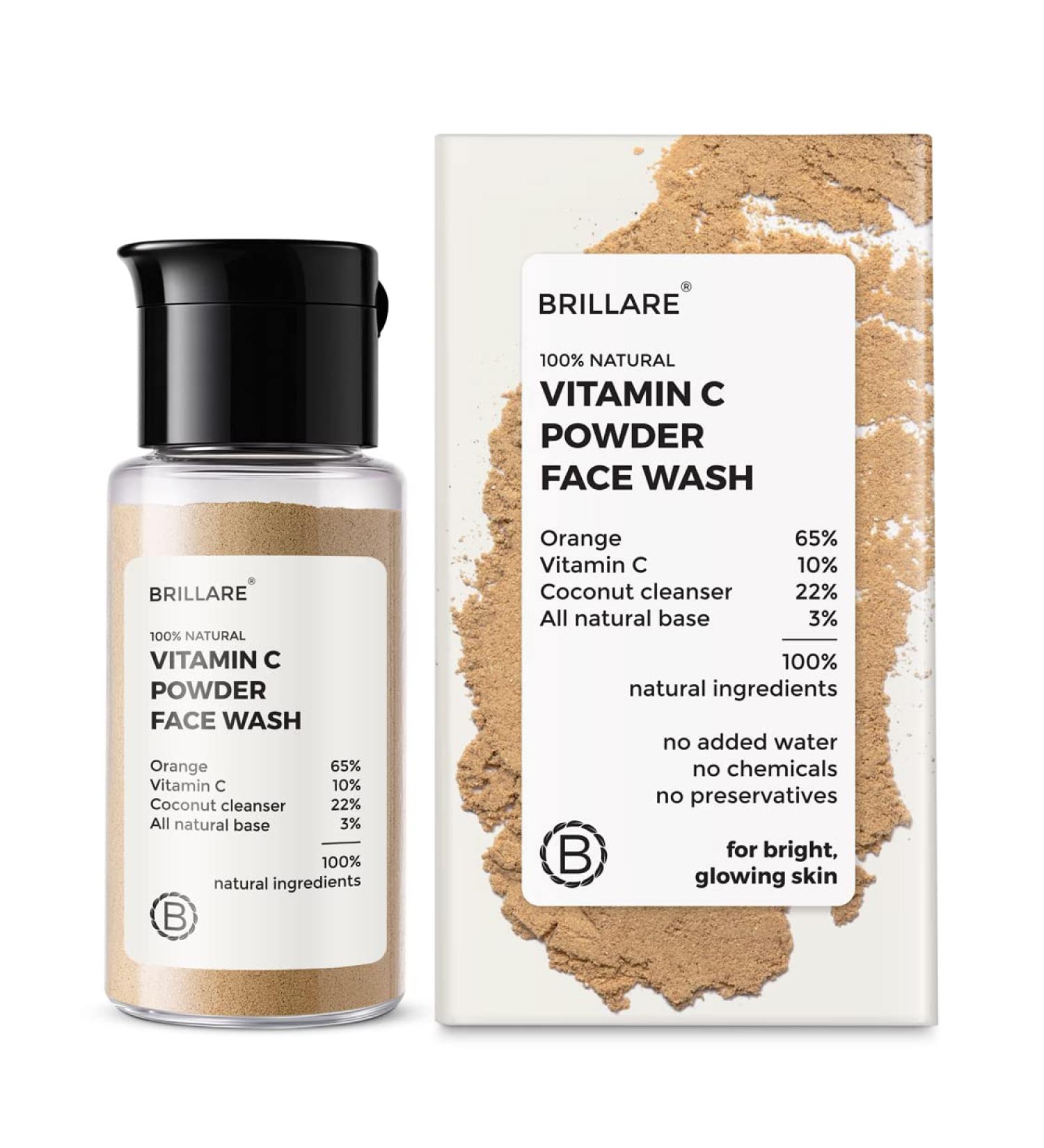 BRILLARE Real Vitamin C Powder Face Wash Daily Brightening Facial Cleanser with Orange Peel Powder Paraben & Sulfate-free Complete Natural Skincare for Men & Women 15gm - Buy Online on GoSupps.com