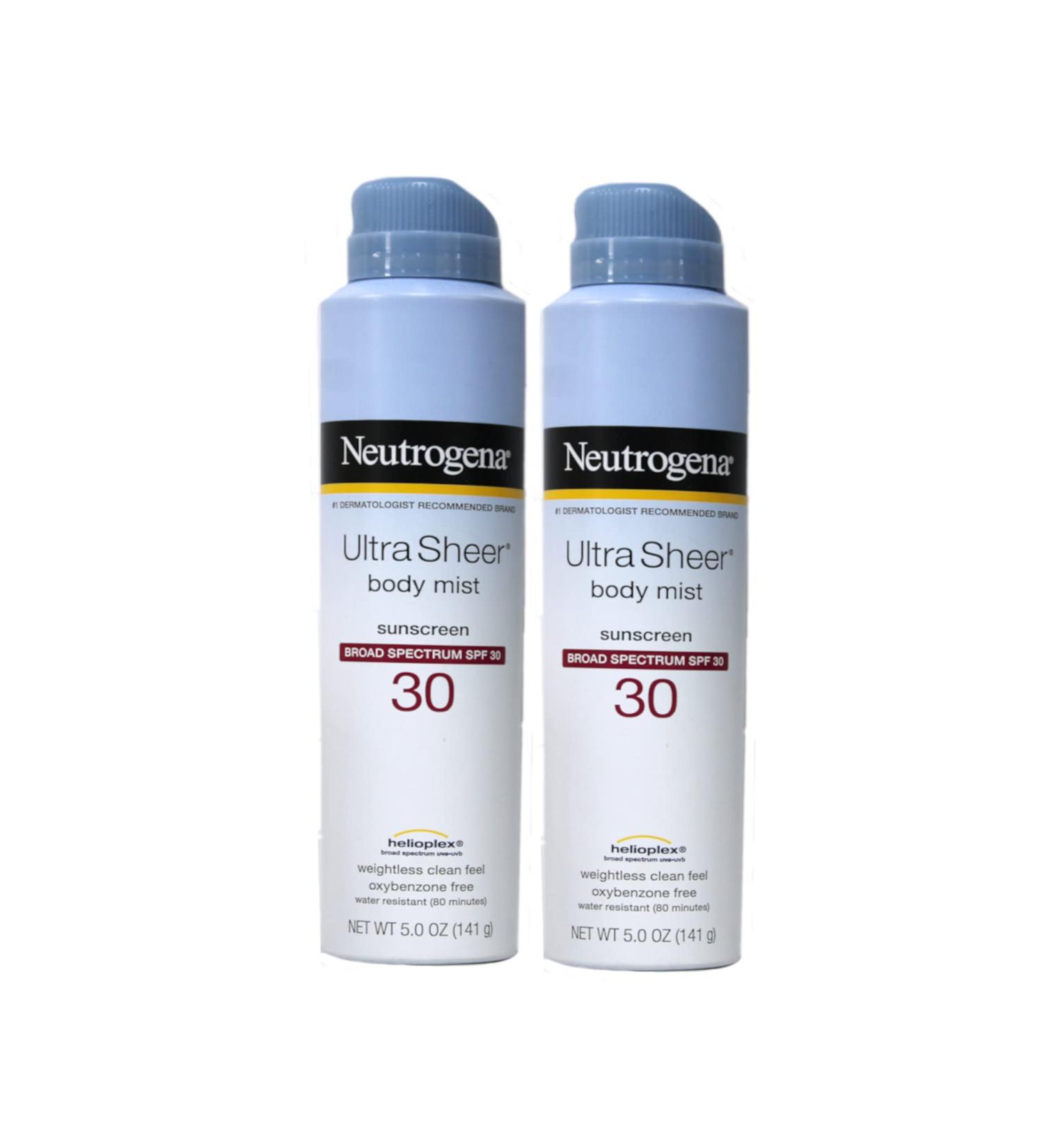 Neutrogena Ultra Sheer Body Mist Fullreach Sunscreen Spray Broad Spectrum SPF 30 Lightweight & Water Resistant Oil-Free & Non-comedogenic 5 oz (Pack of 2)