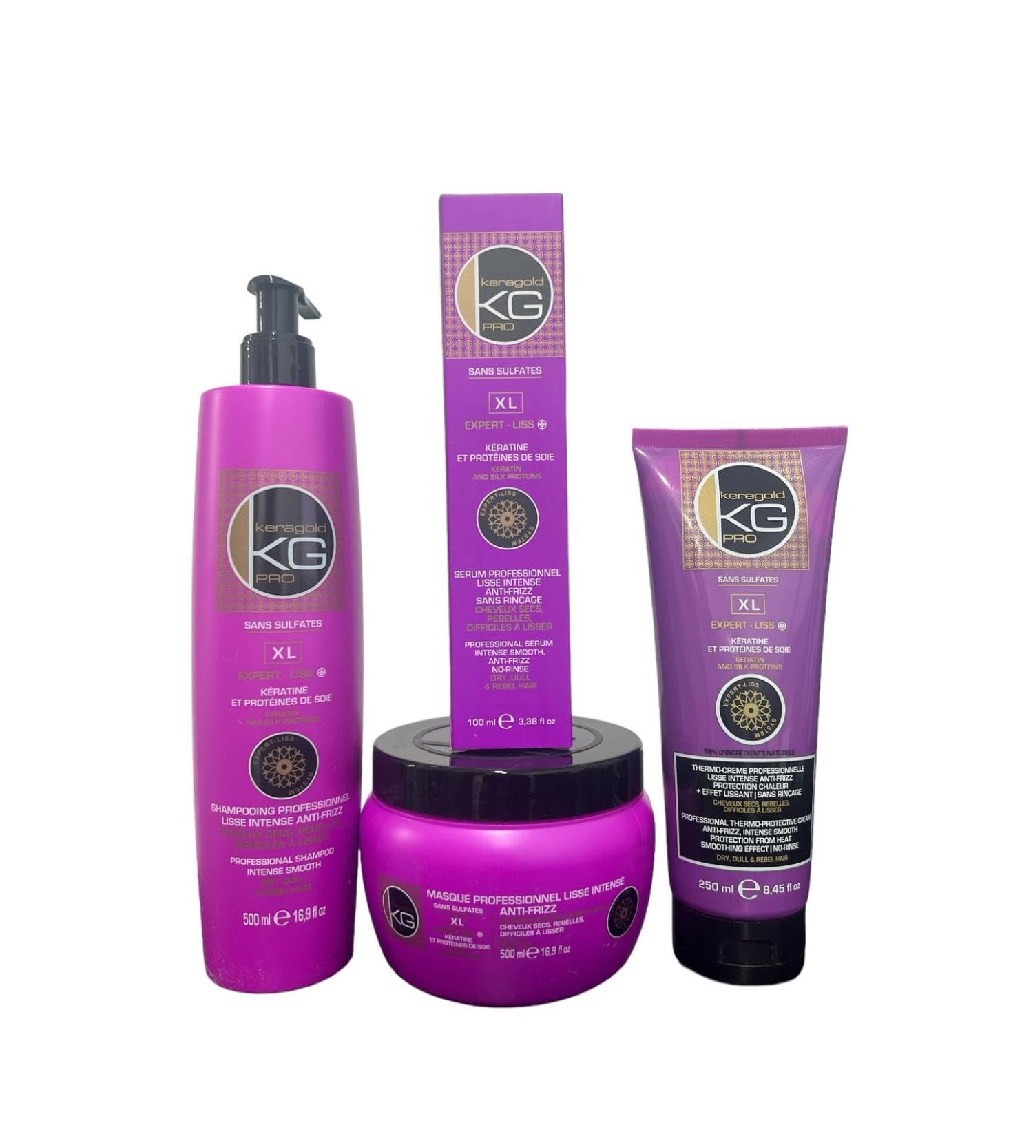 KERAGOLD PRO - Ultimate Pack Expert Liss XL - Sulfate-Free with Keratin & Silk Protein - Shampoo 500 ml + Mask 500 ml + Serum 100 ml + Random Leave-In Treatment - Buy Online on GoSupps.com