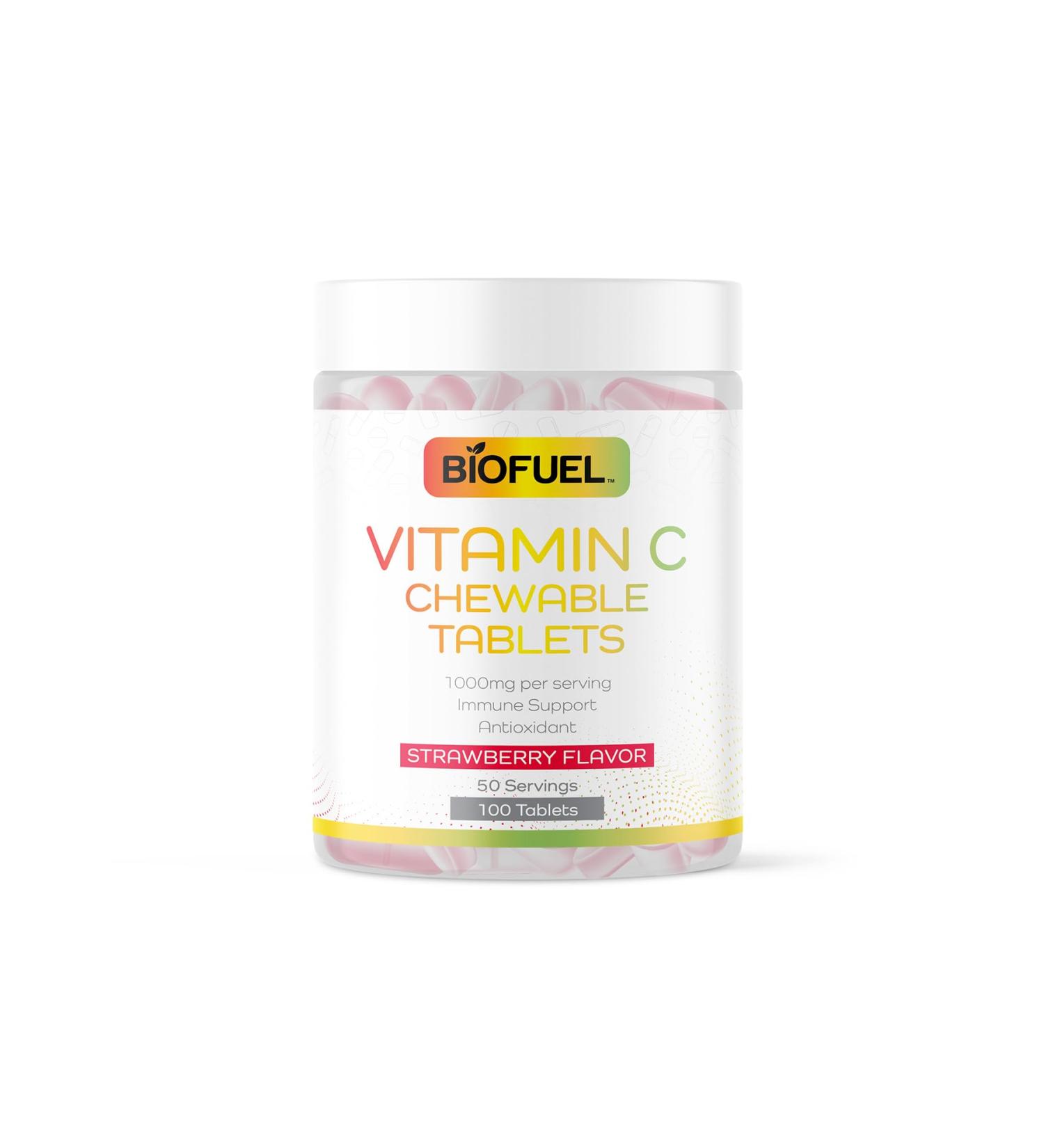 Biofuel Extra Strength Vitamin C Chewable Tablets Immune Support and Antioxidant Boost 1000mg 50 Servings Natural Strawberry Flavor 100 Tablets - Buy Online on GoSupps.com
