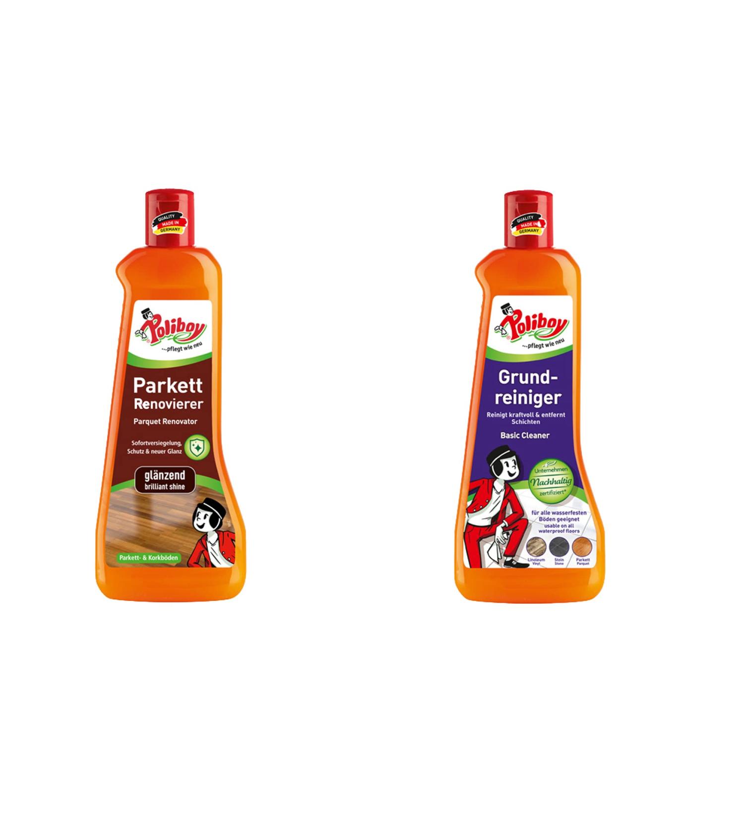 Poliboy parquet renovator shiny + basic cleaner - perfect set for maintaining shiny parquet floors - 2x 500ml (1000ml) - Made in Germany parquet Renovier Glossy + basic cleaner 1 L (1 Pack)