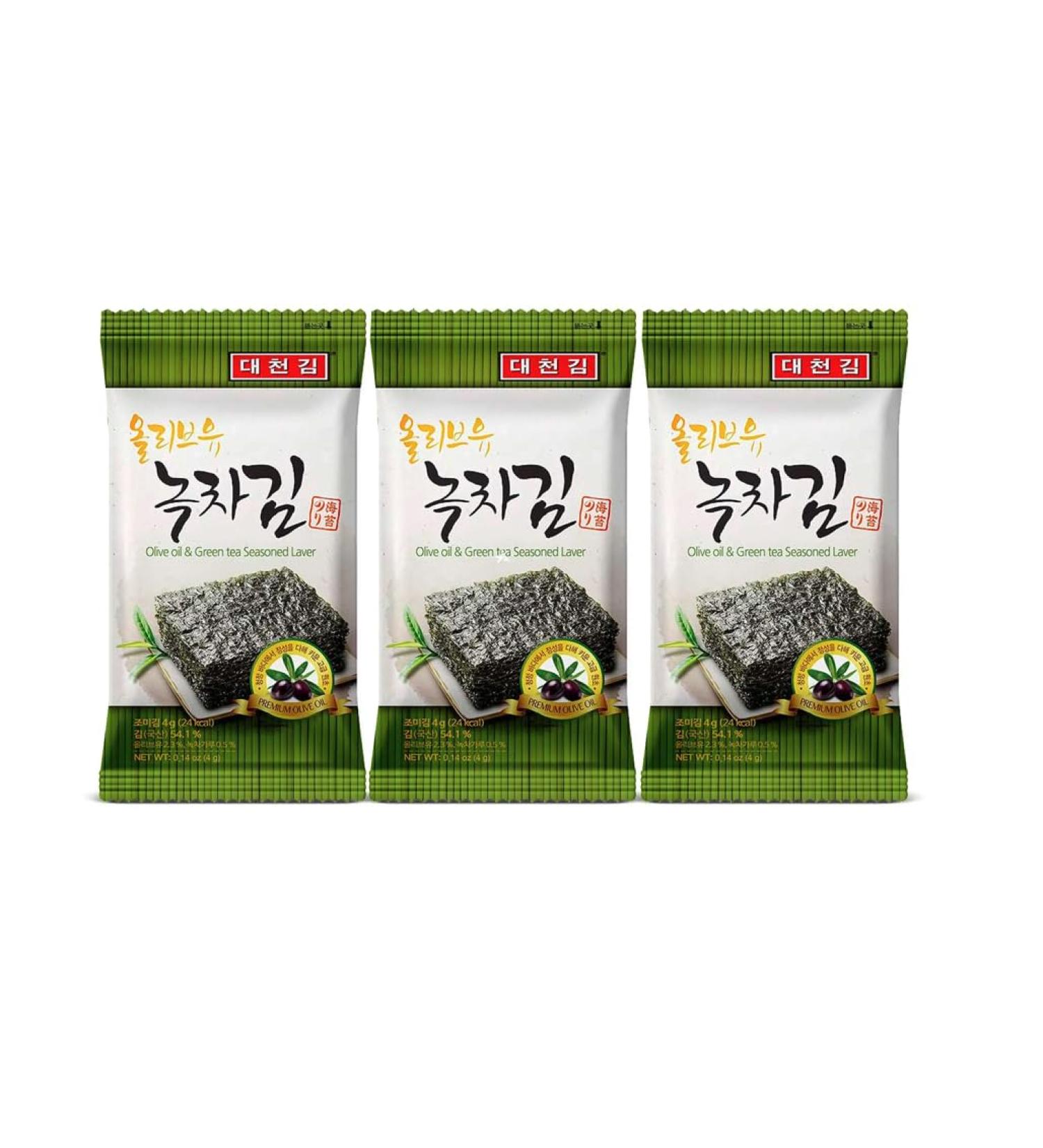 Daechun Korean Crispy Seaweed Nori Laver Snacks (4.5g x 3 Packs) 13.5g (Olive Oil & Green Tea Seasoned Laver)