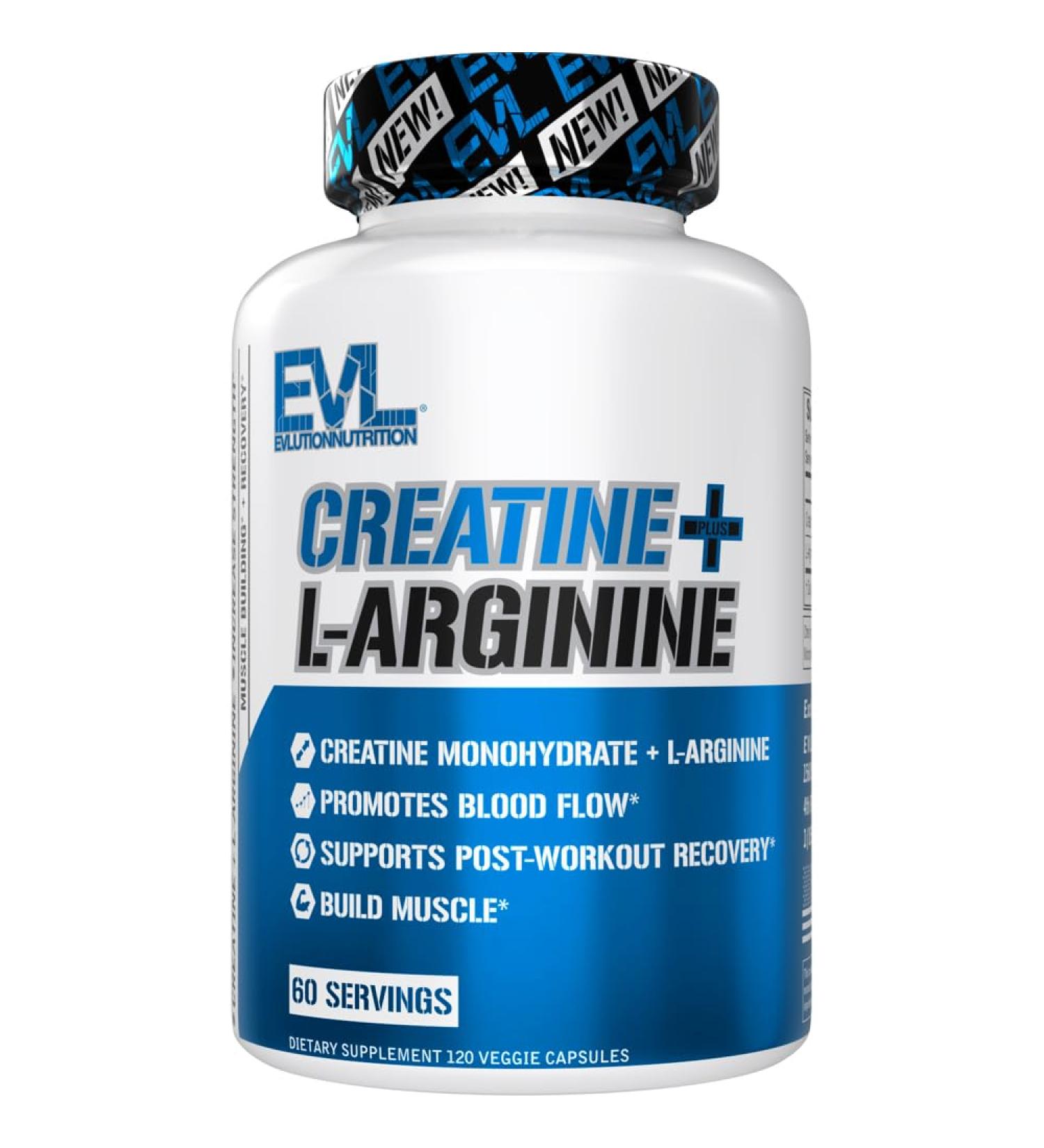 Evlution Nutrition Creatine + L-Arginine - Supports Blood Flow Post-Workout Recovery & Lean Muscle Growth - 500mg Creatine Monohydrate & 500mg L-Arginine Per Serving -60 Servings -120 Veggie Capsules - Buy Online on GoSupps.com