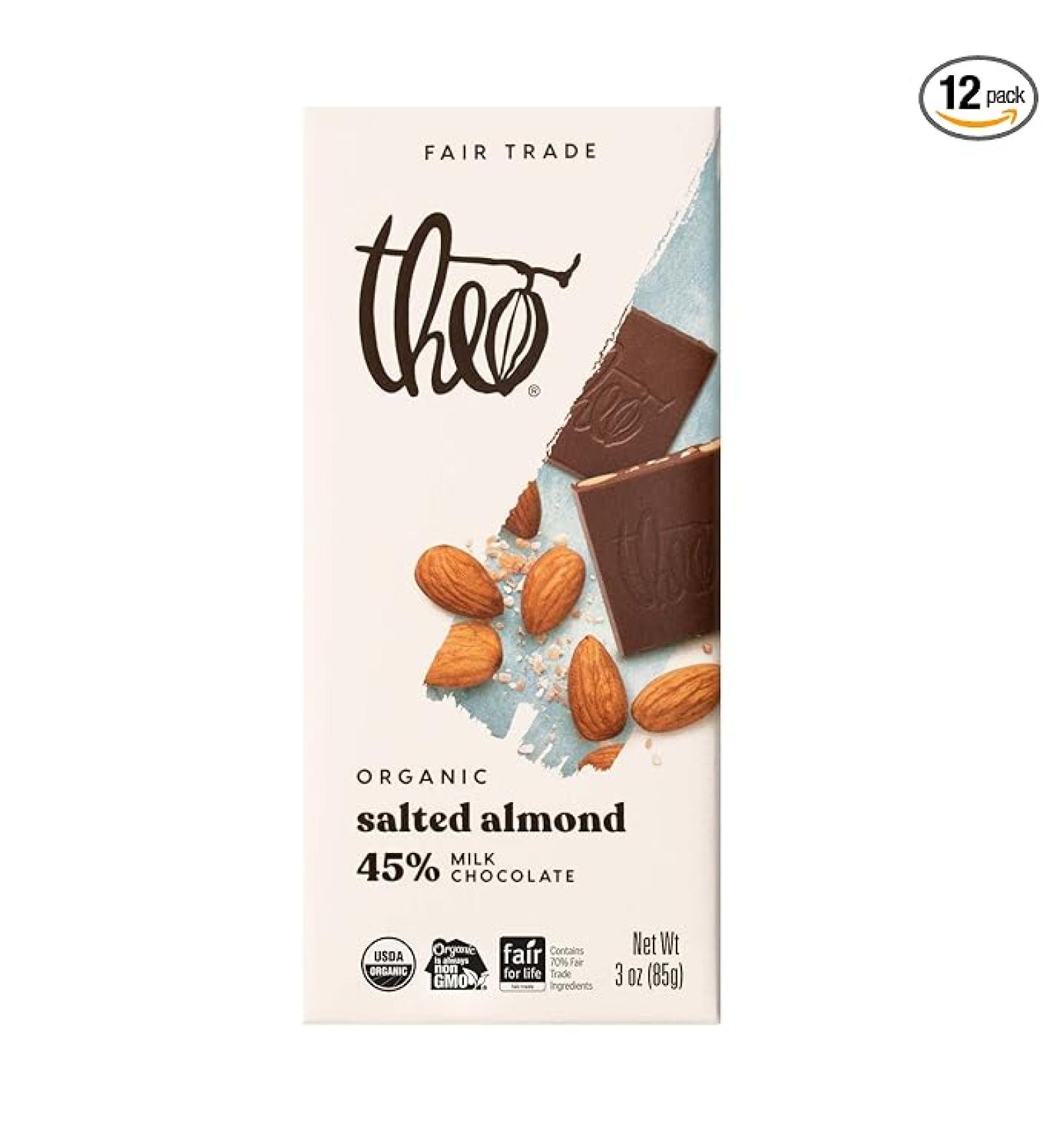 Theo Chocolate Salted Almond Organic Milk Chocolate Bar, 45% Cacao, 12 Pack | Fair Trade - Buy Online on GoSupps.com