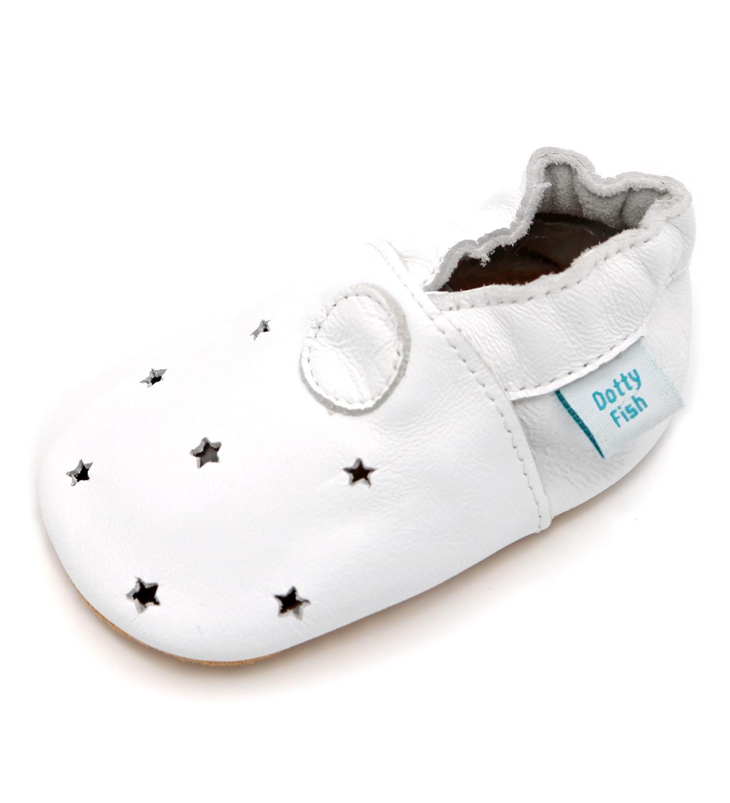 Dotty Fish Soft Leather Baby Shoes | Non-Slip Suede Soles | Toddler Boys 0-6 Months to 4-5 Years | White Stars Design - Buy Online on GoSupps.com