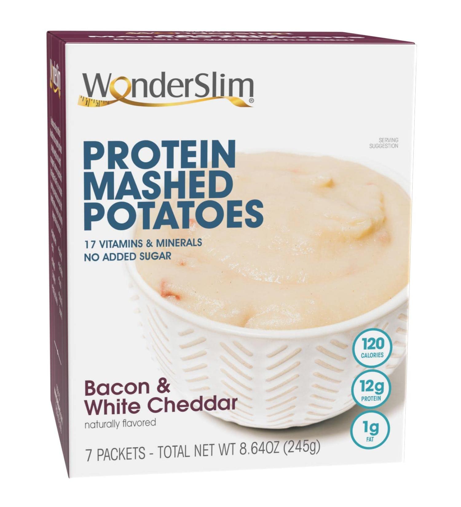 WonderSlim Instant Mashed Potatoes  Bacon & White Cheddar - 1g Fat  12g Protein  2g Fiber (7ct) Cheddar & Bacon 1 Box - 7 Count - Buy Online on GoSupps.com
