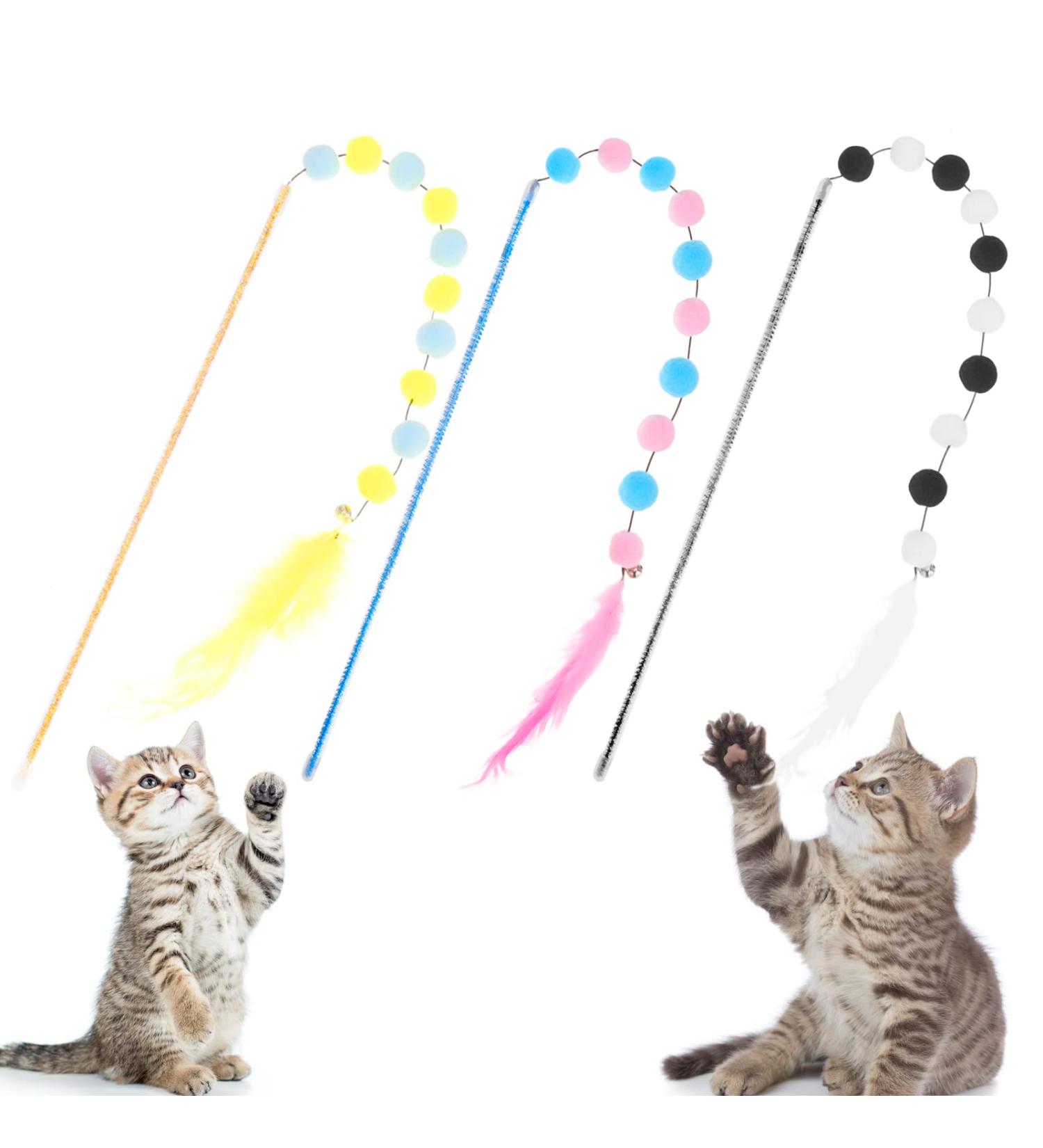 Fanshiontide 3 Packs Cat Wand Interactive Cay Toy Cat Feather Toys with Plush Balls and Bells Cat Teaser Wand for Indoor Cat Kitten Hunting Exercising Eliminating - Buy Online on GoSupps.com
