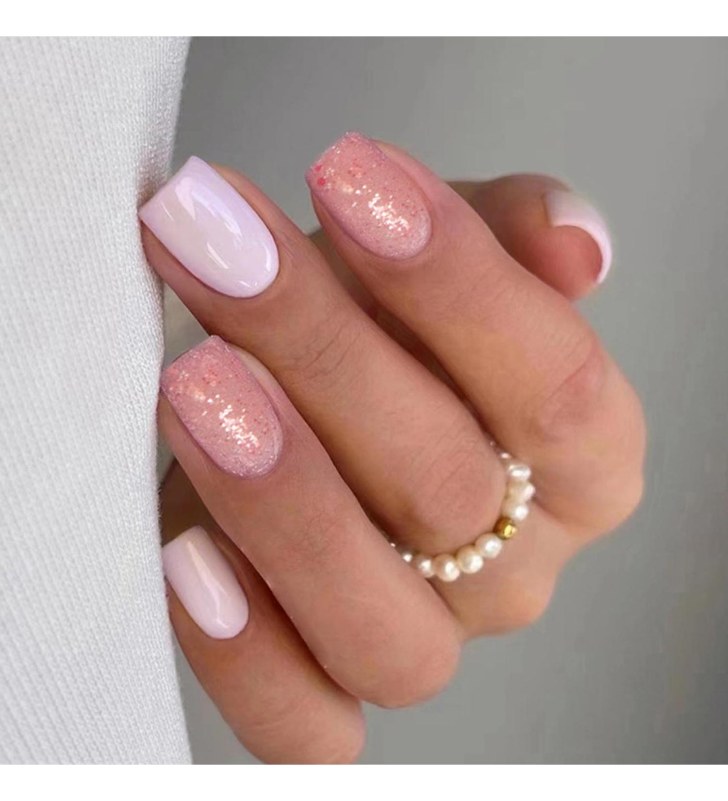 24Pcs Pink Glitter French Tips Press On Nails - Elegant Short Square False Nails for Women & Girls | Reusable Artificial Stick On Nails - Nail Art Accessory - Buy Online on GoSupps.com